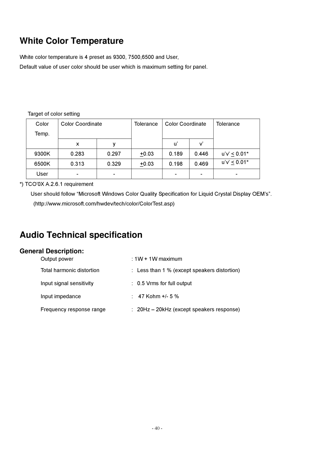 Acer V193 manual White Color Temperature, Audio Technical specification, General Description 