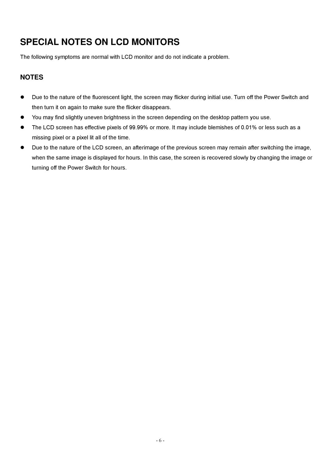 Acer V193 manual Special Notes on LCD Monitors 