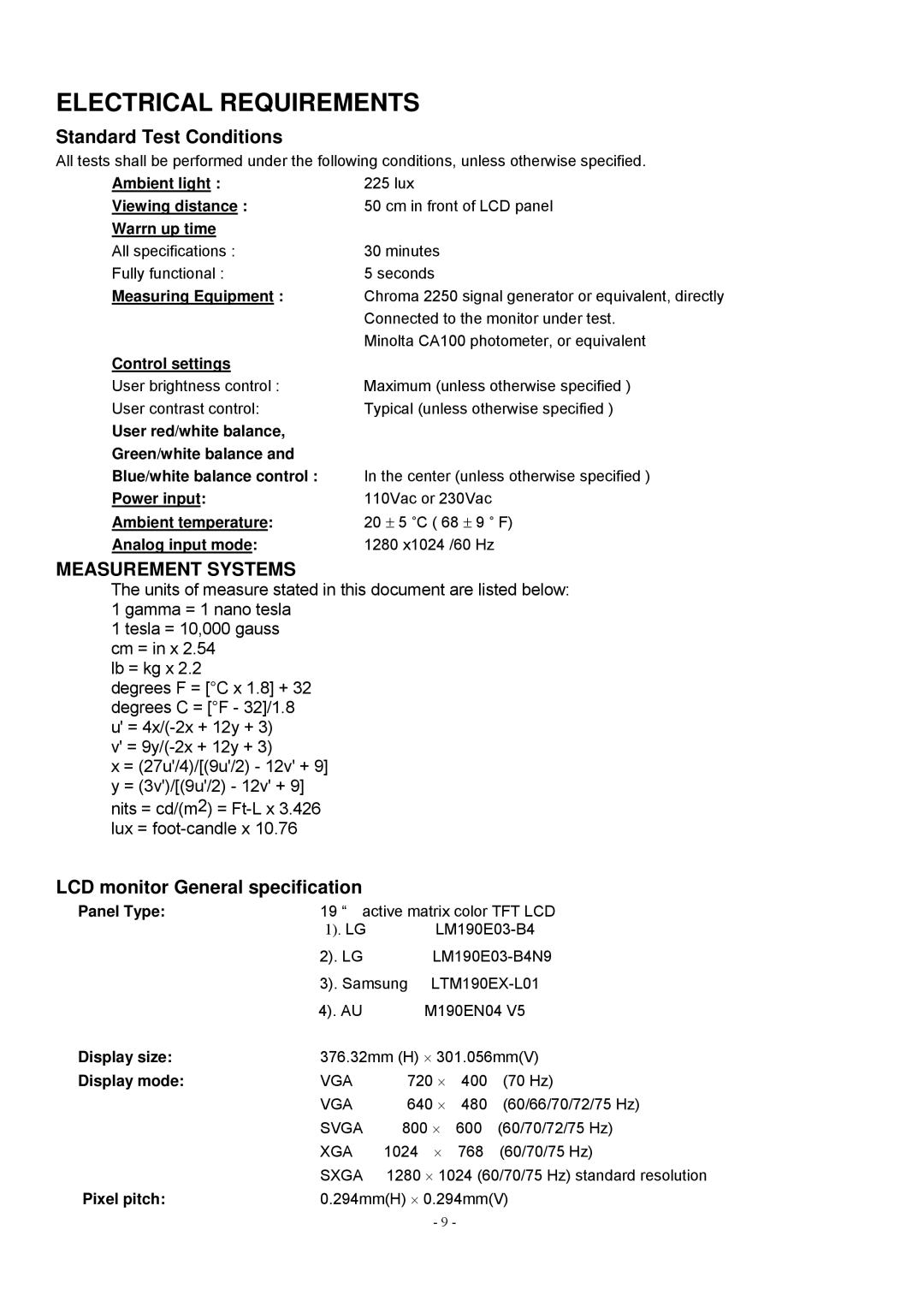 Acer V193 manual Electrical Requirements, Standard Test Conditions, LCD monitor General specification 