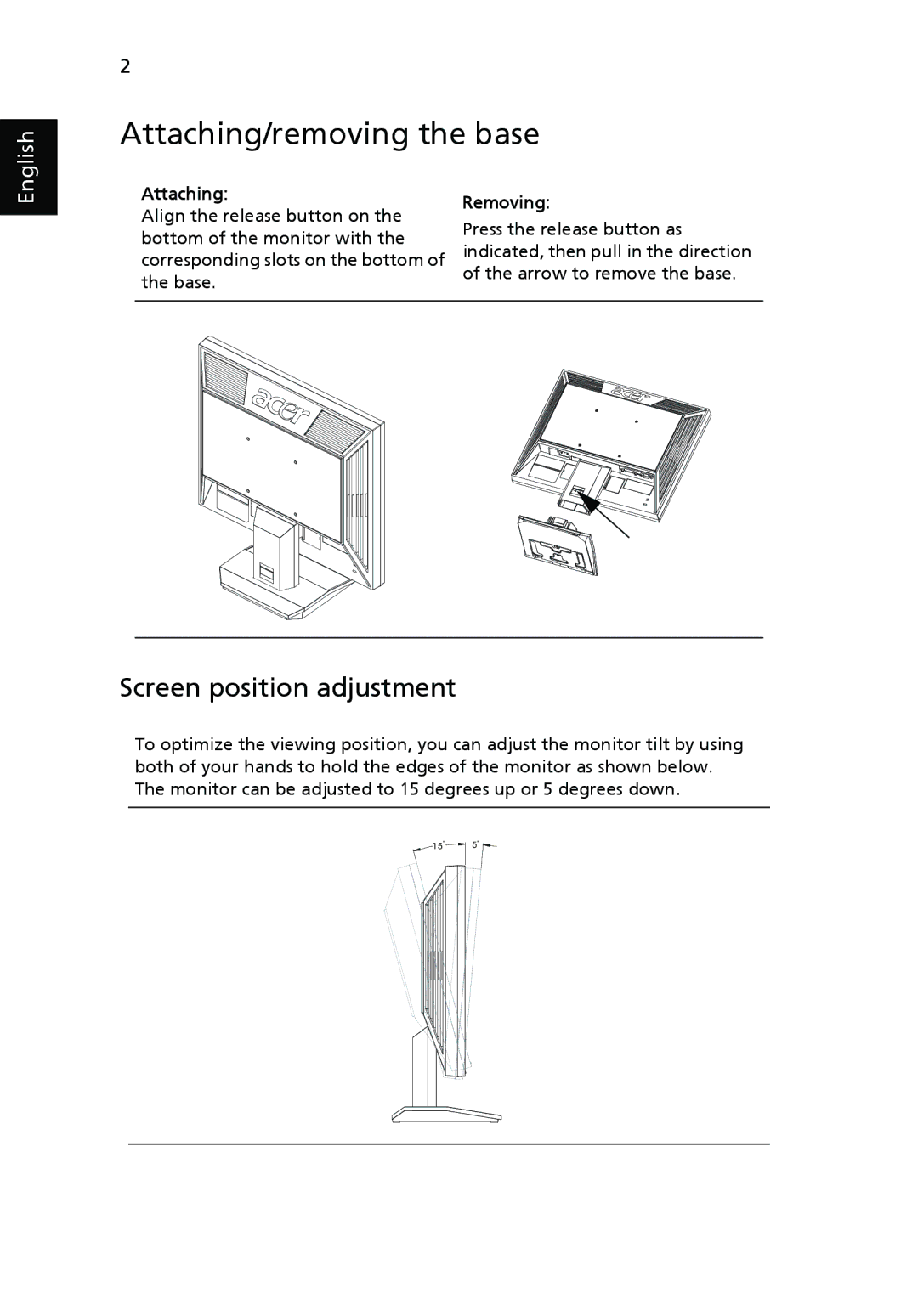 Acer V193 manual Attaching/removing the base, Screen position adjustment, Removing 