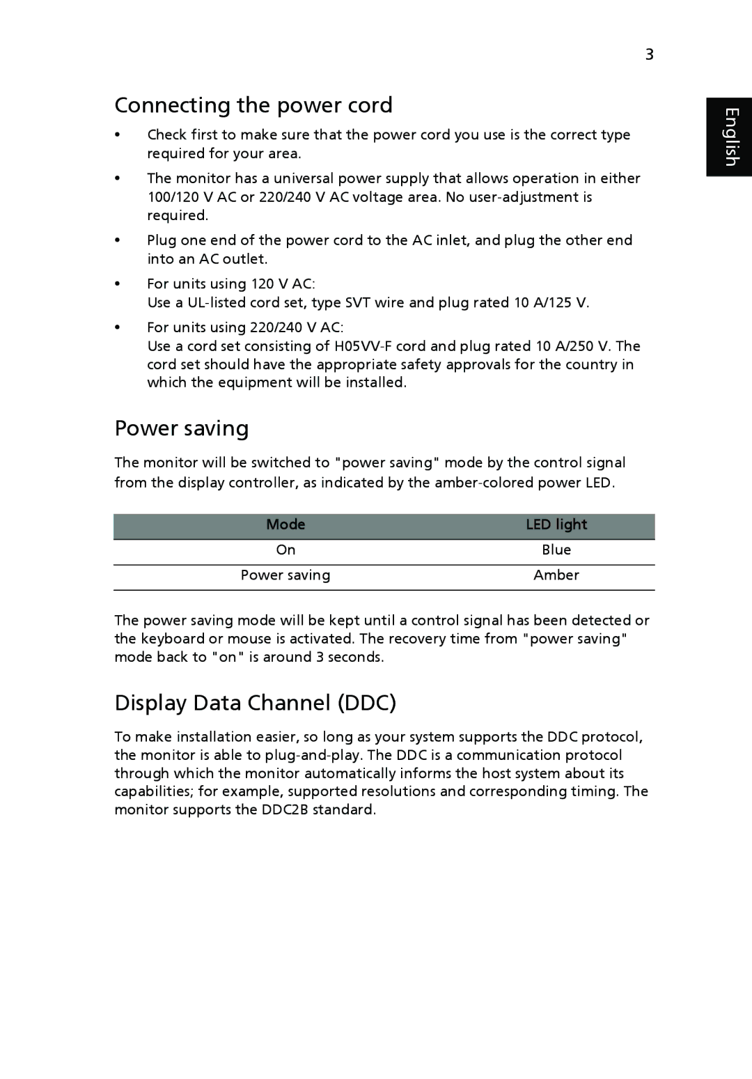 Acer V193 manual Connecting the power cord, Power saving, Display Data Channel DDC, Mode LED light 