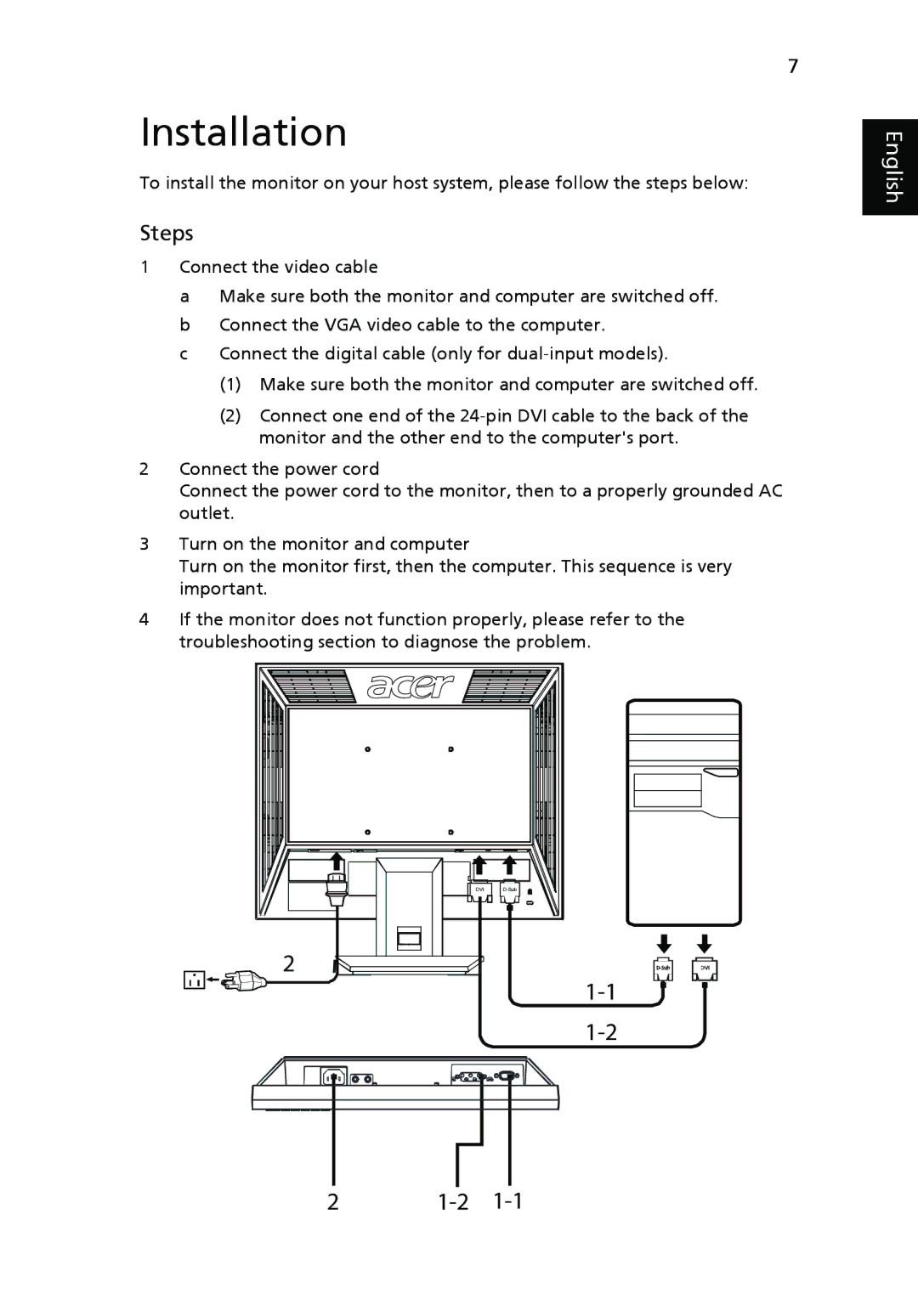 Acer V193 manual Installation, Steps 