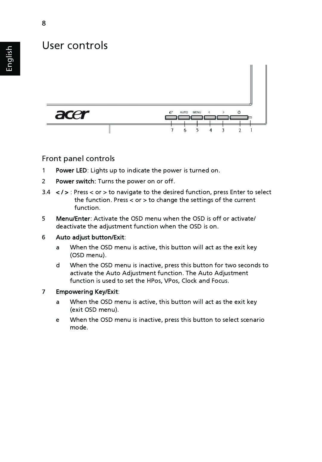 Acer V193 manual User controls, Front panel controls, Auto adjust button/Exit, Empowering Key/Exit 