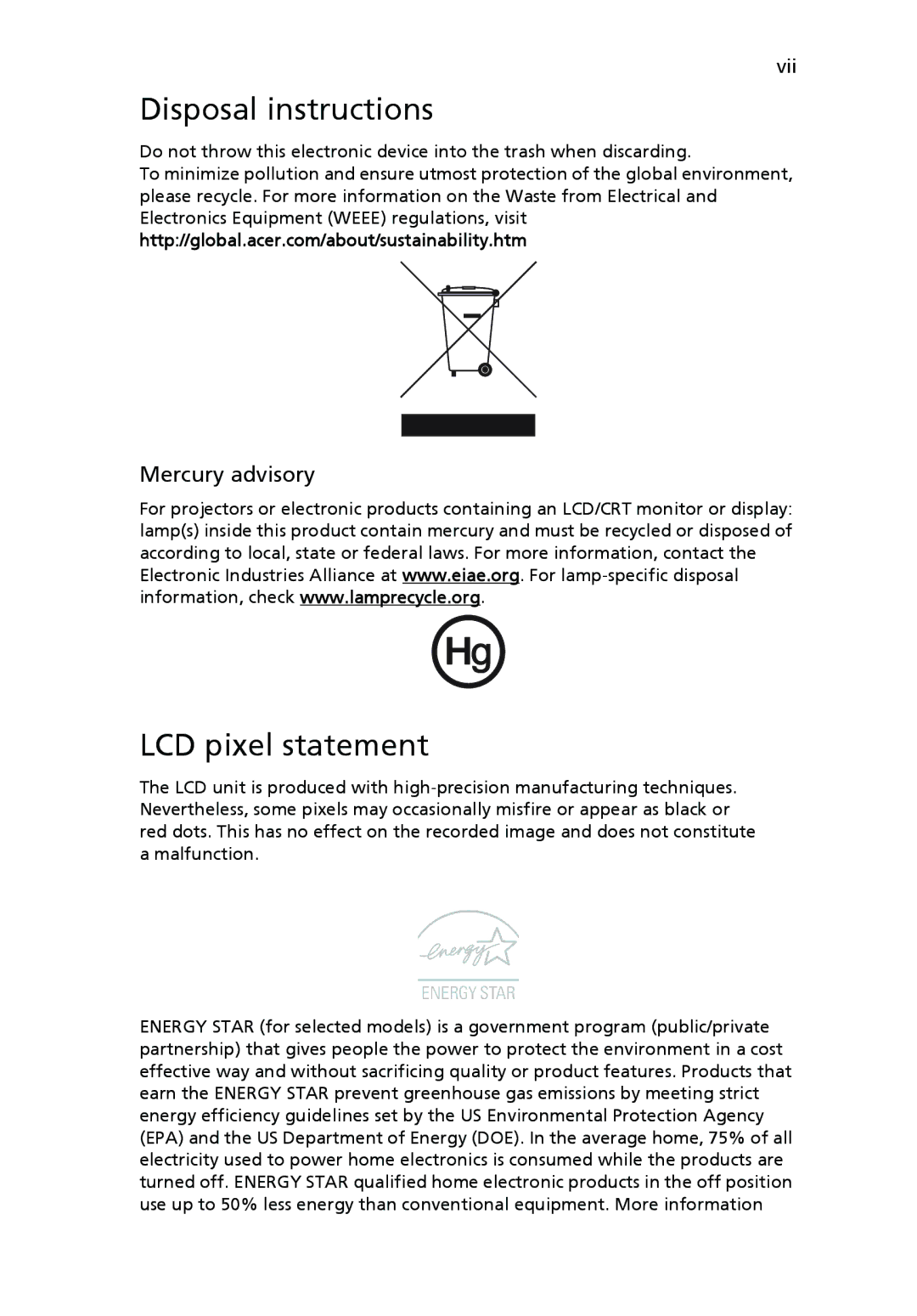 Acer V193 manual Disposal instructions, LCD pixel statement, Mercury advisory 