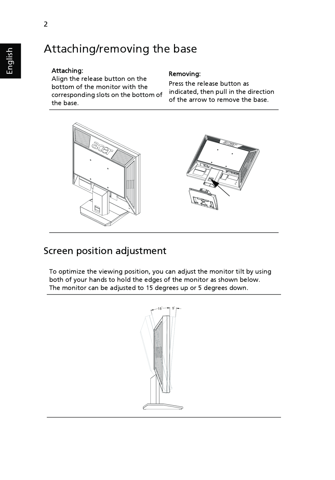 Acer V193 manual Attaching/removing the base, Screen position adjustment, English 
