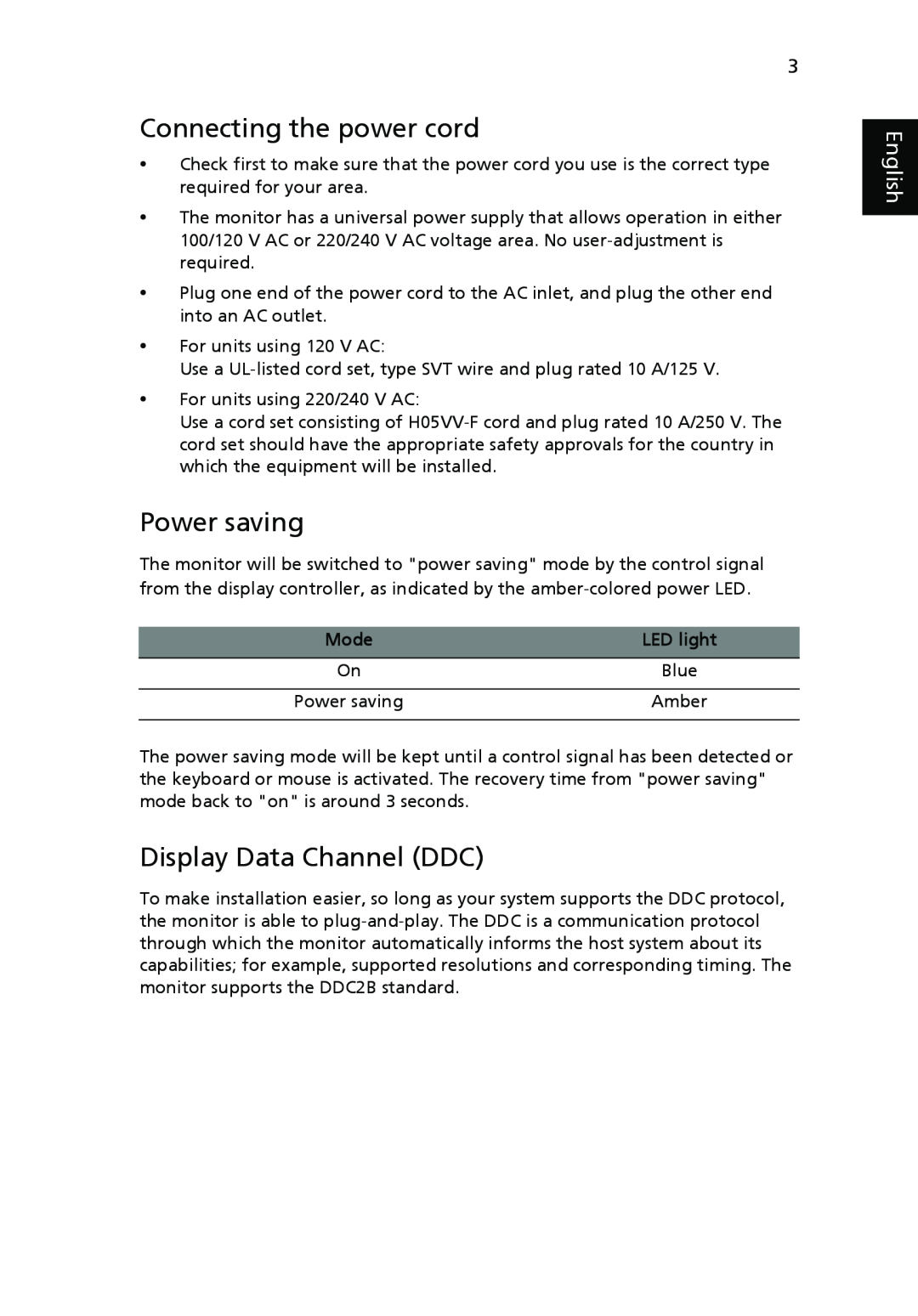 Acer V193 manual Connecting the power cord, Power saving, Display Data Channel DDC, English, Mode, LED light 
