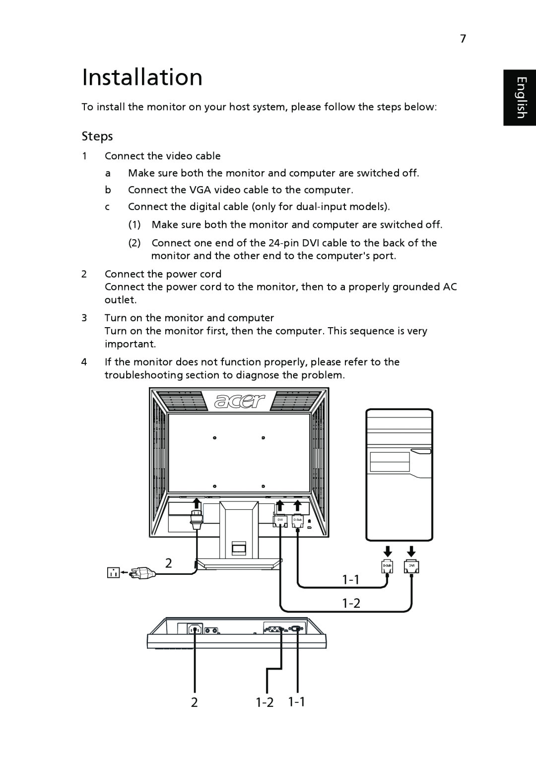 Acer V193 manual Installation, Steps, 1-1 1-2, English 