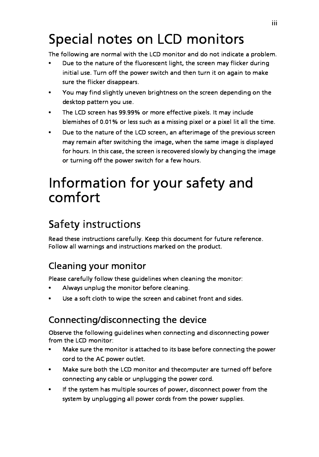 Acer V193 manual Special notes on LCD monitors, Information for your safety and comfort, Safety instructions 