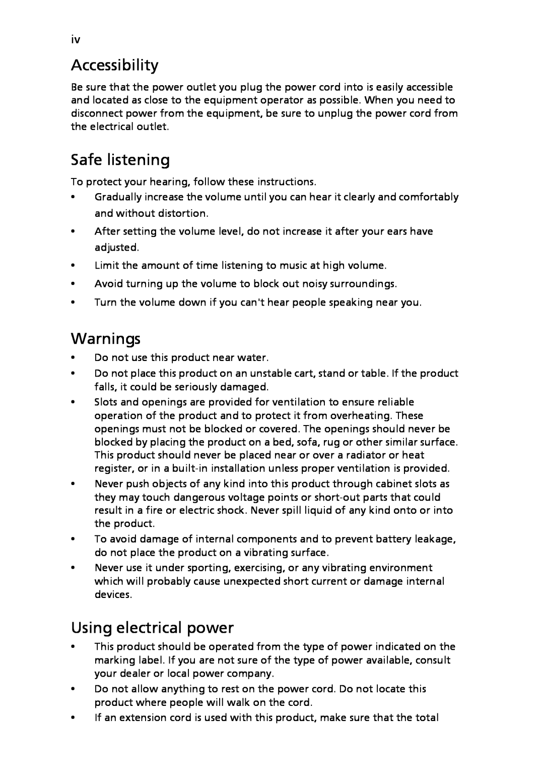 Acer V193 manual Accessibility, Safe listening, Warnings, Using electrical power 