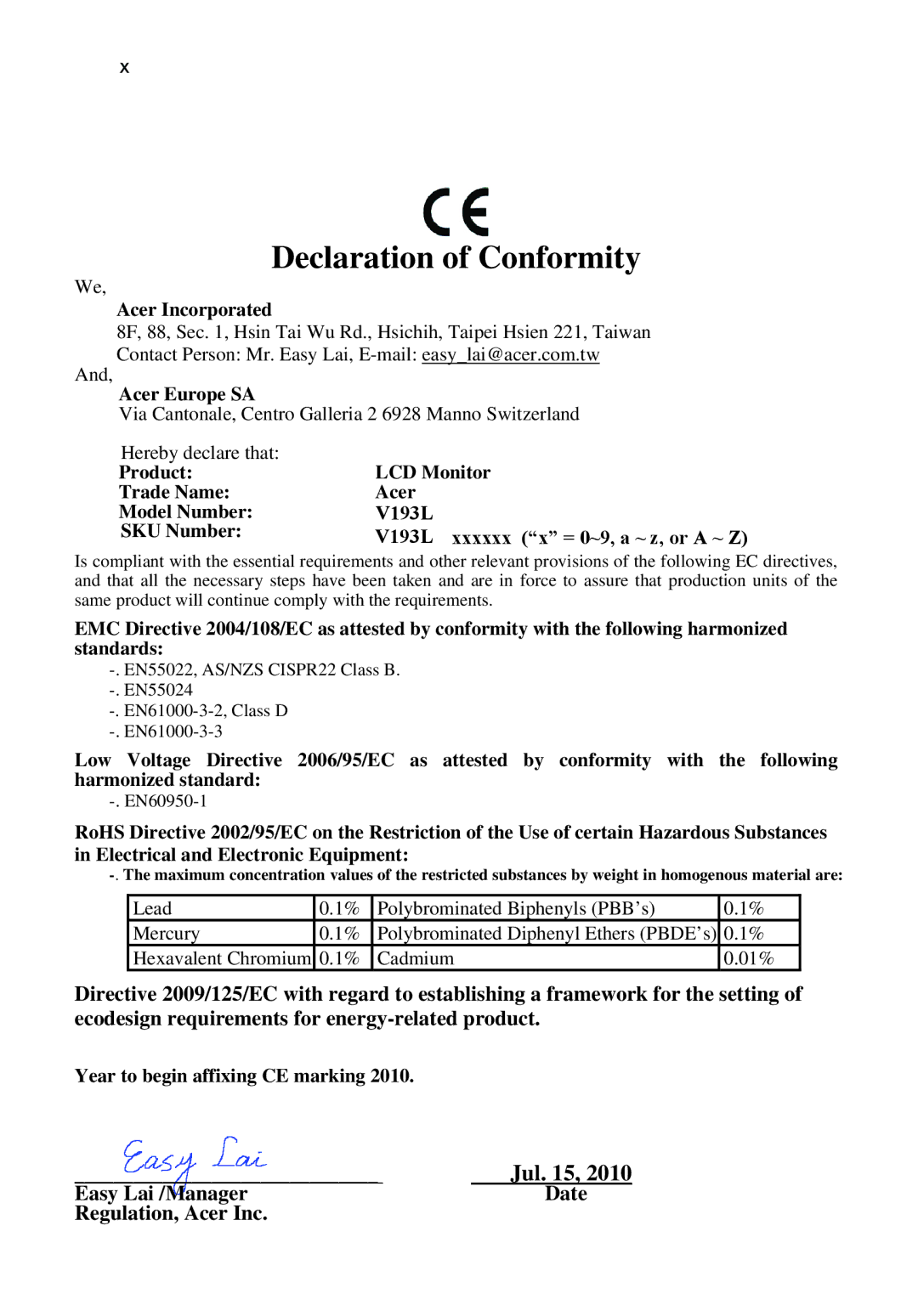 Acer V193L manual Declaration of Conformity 