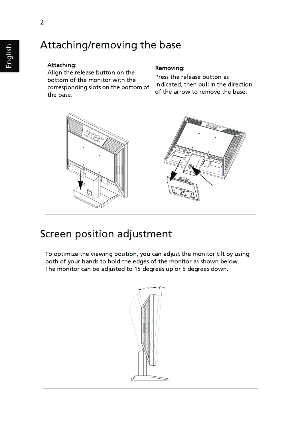 Acer V193L manual Attaching/removing the base, Screen position adjustment, Removing 