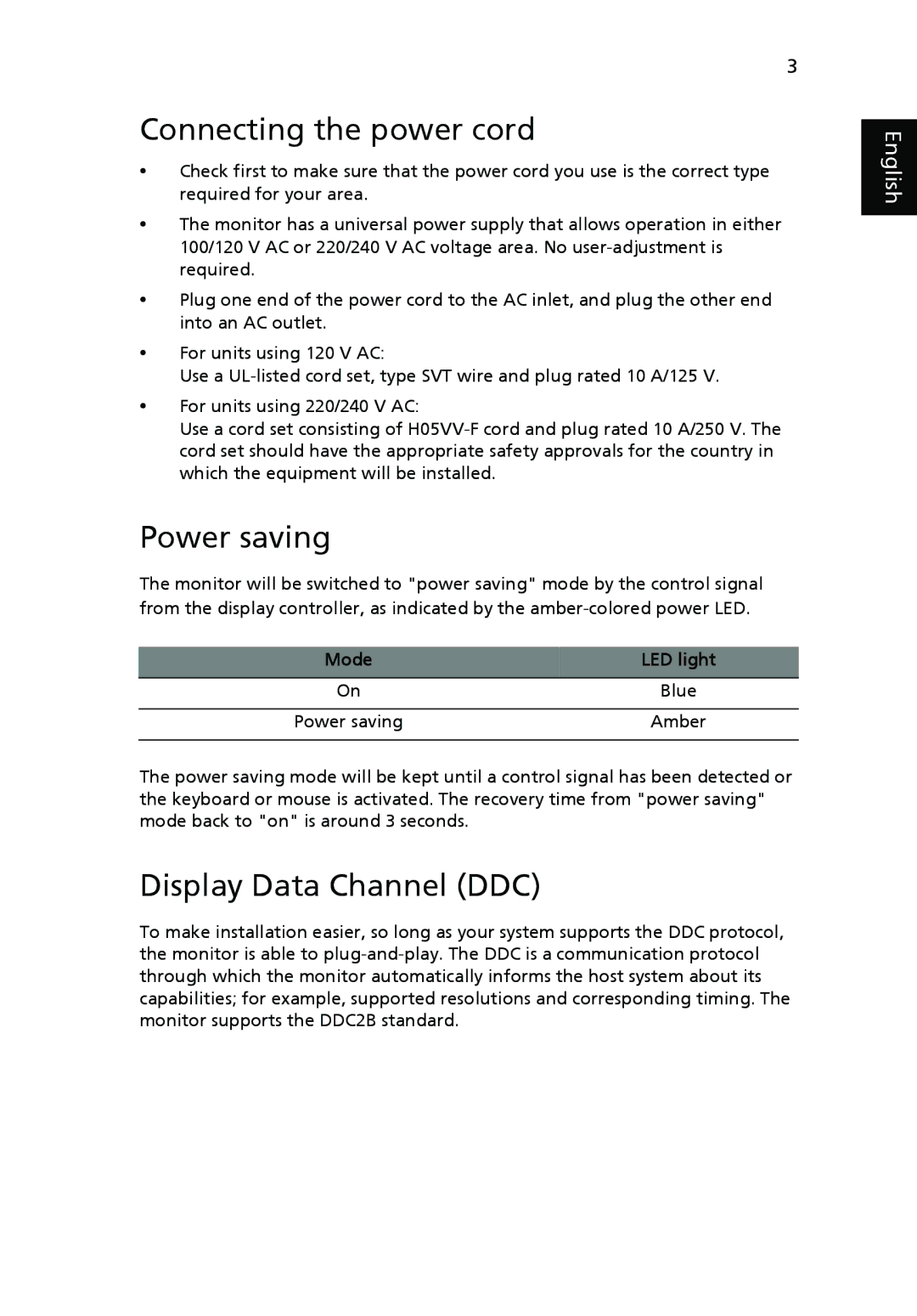 Acer V193L manual Connecting the power cord, Power saving, Display Data Channel DDC, Mode LED light 