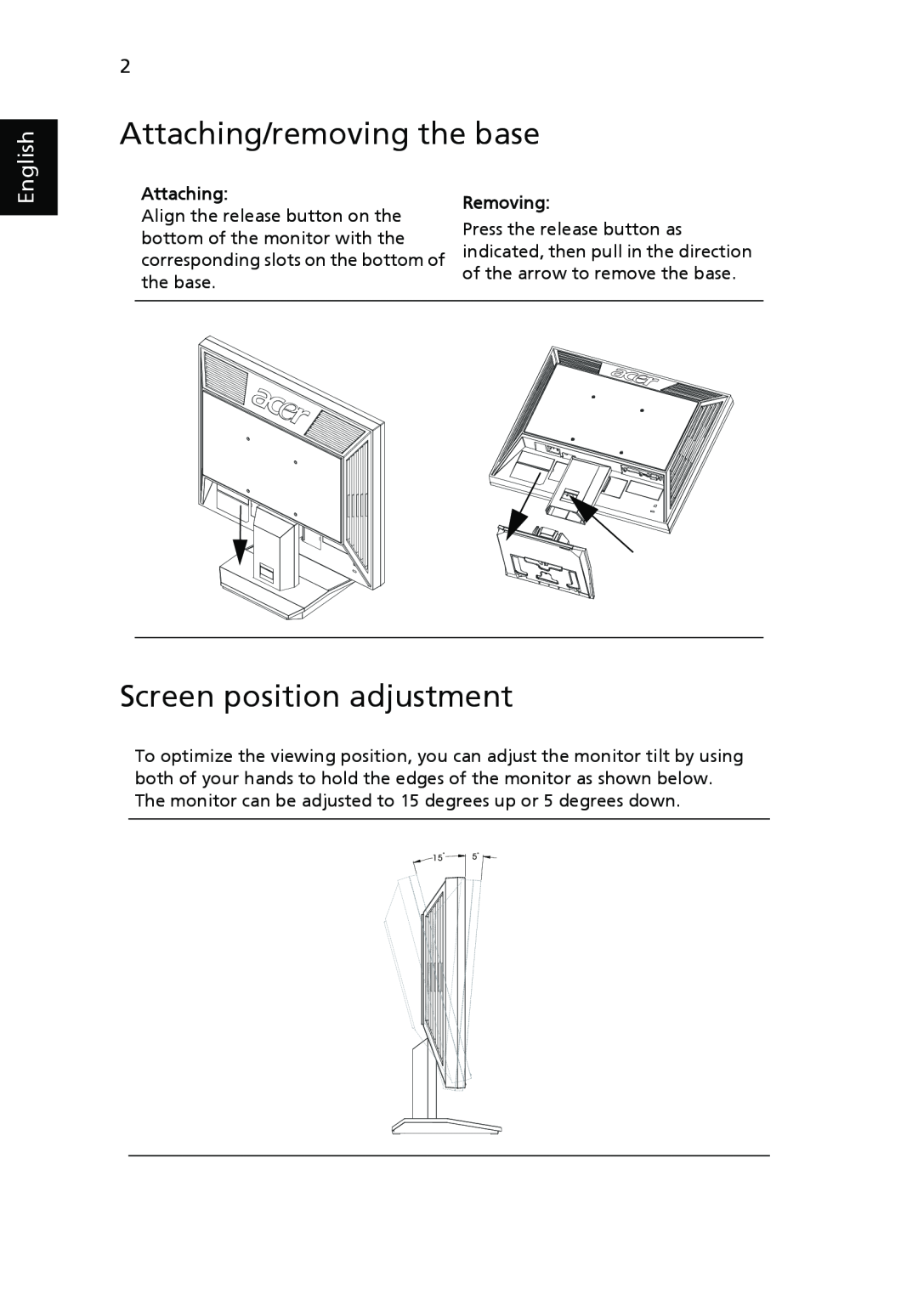Acer V193L manual Attaching/removing the base, Screen position adjustment, English, Removing 