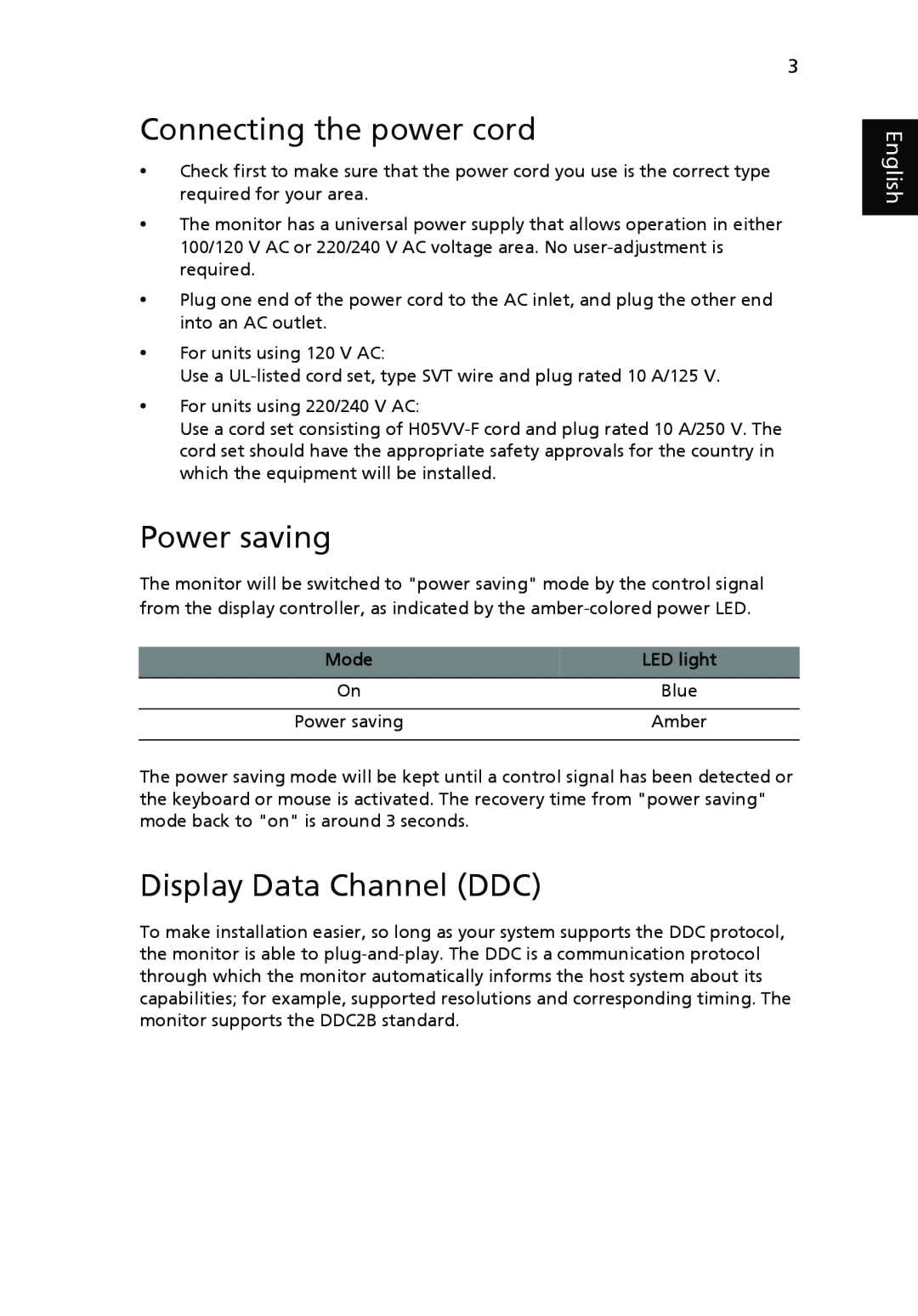 Acer V193L manual Connecting the power cord, Power saving, Display Data Channel DDC, English, Mode, LED light 