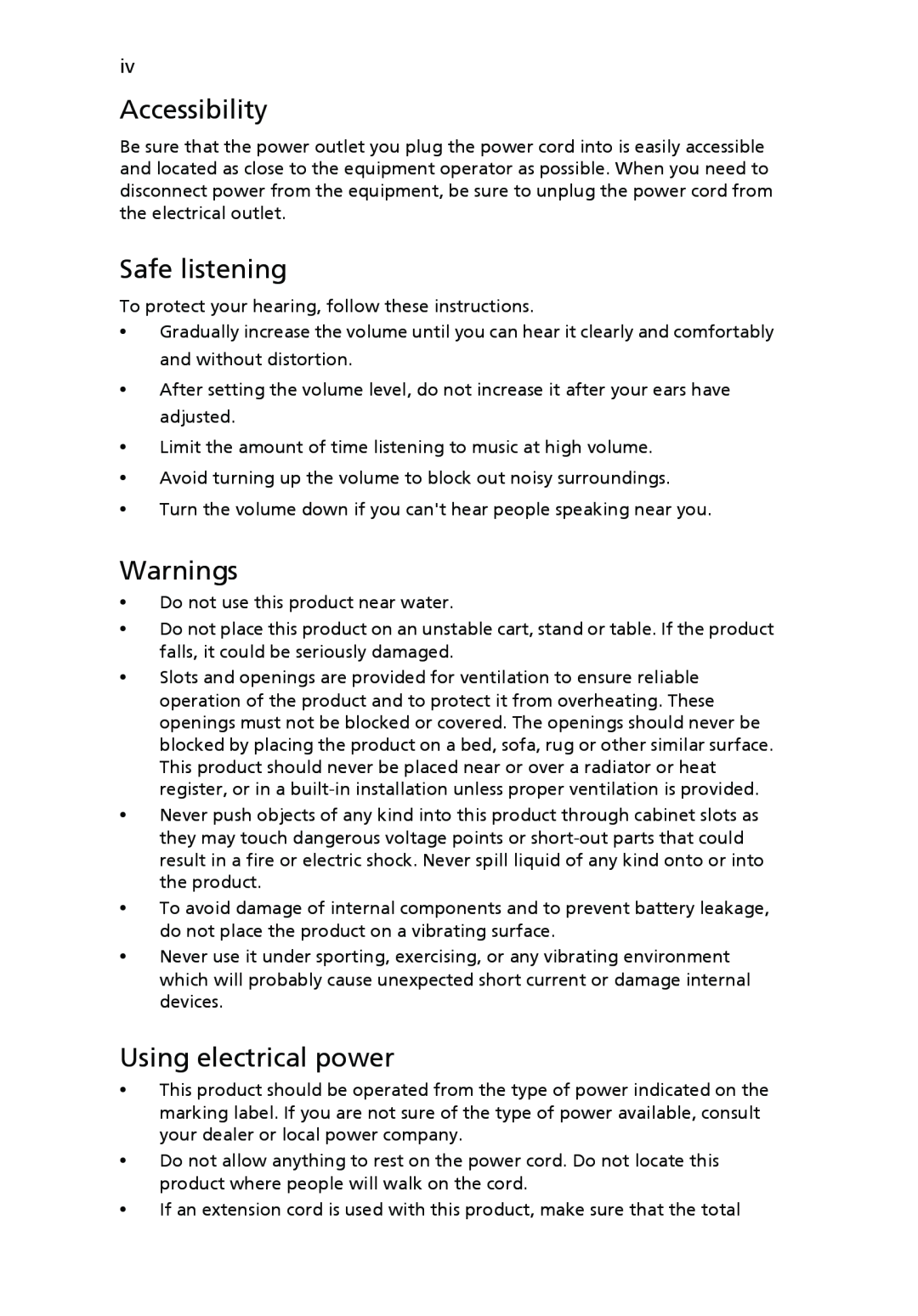 Acer V193L manual Accessibility, Safe listening, Warnings, Using electrical power 