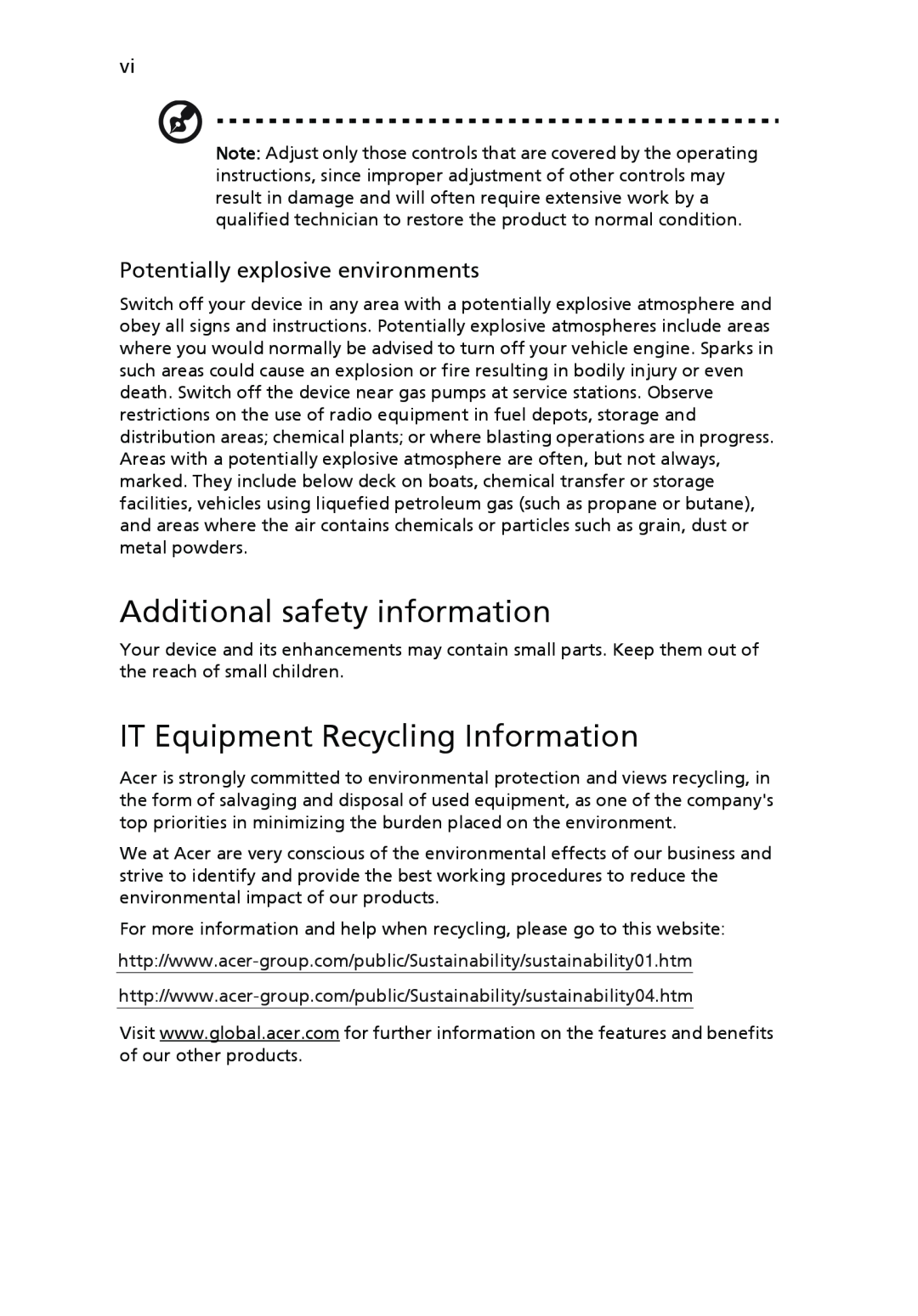 Acer V193L manual Additional safety information, IT Equipment Recycling Information, Potentially explosive environments 