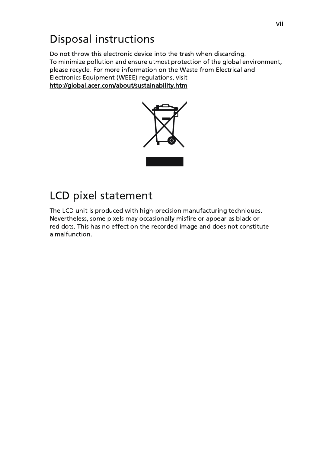 Acer V193L manual Disposal instructions, LCD pixel statement 