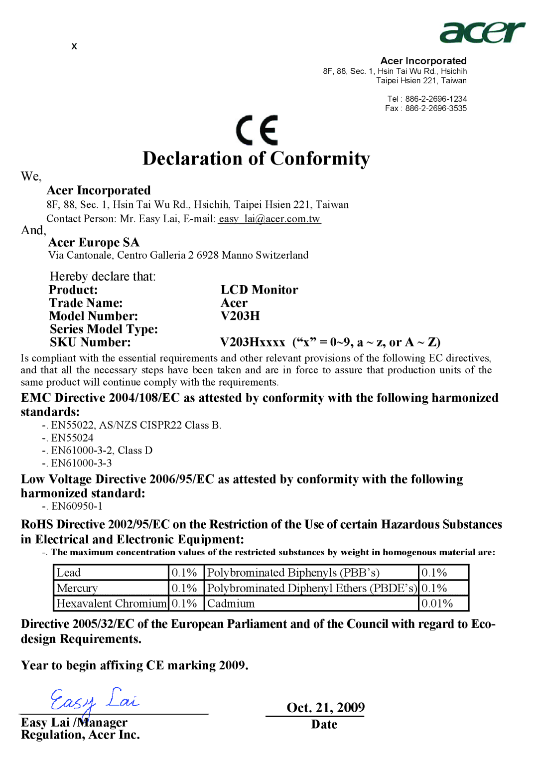 Acer V203H manual Declaration of Conformity 