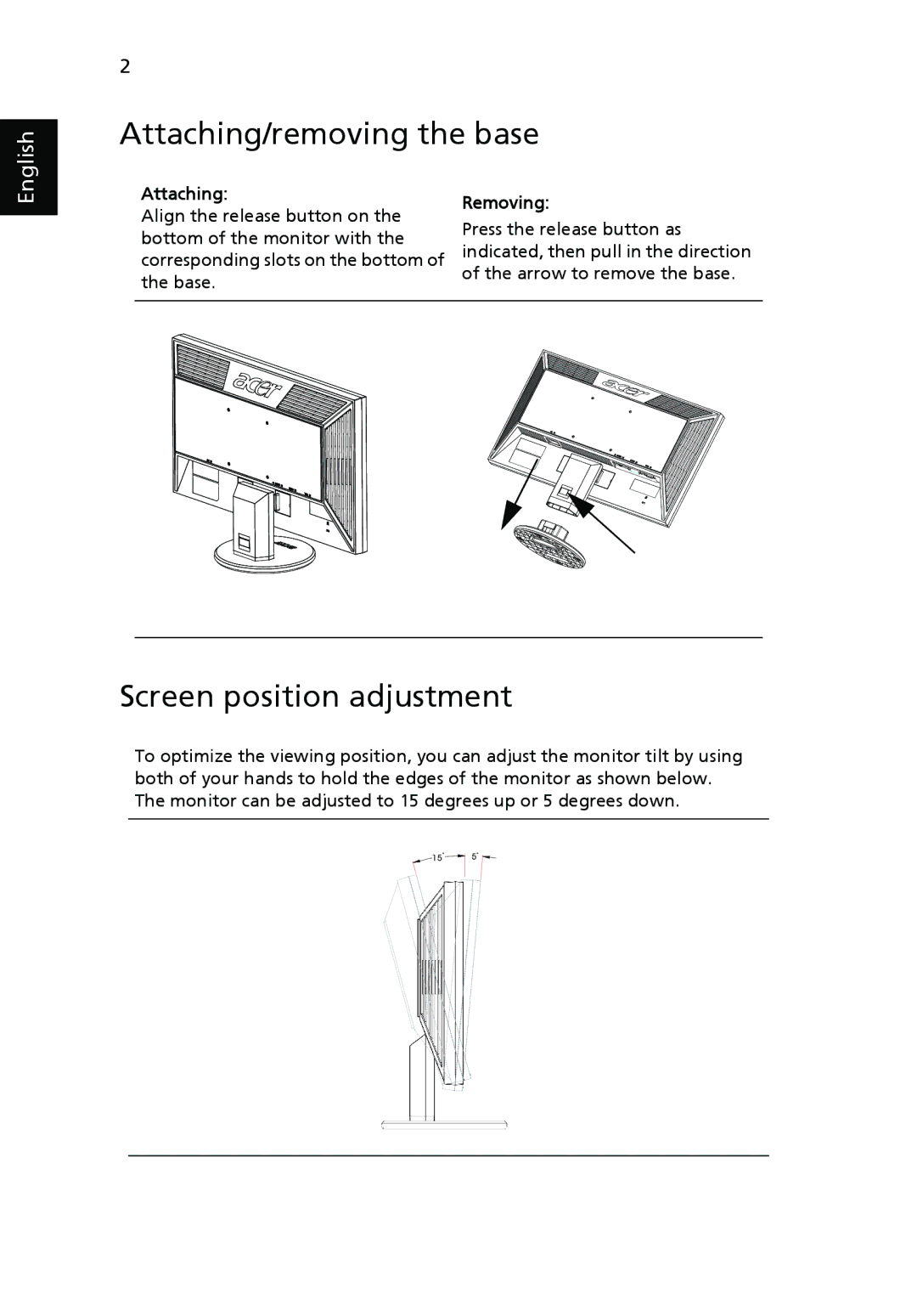 Acer V203H manual Attaching/removing the base, Screen position adjustment, Removing 