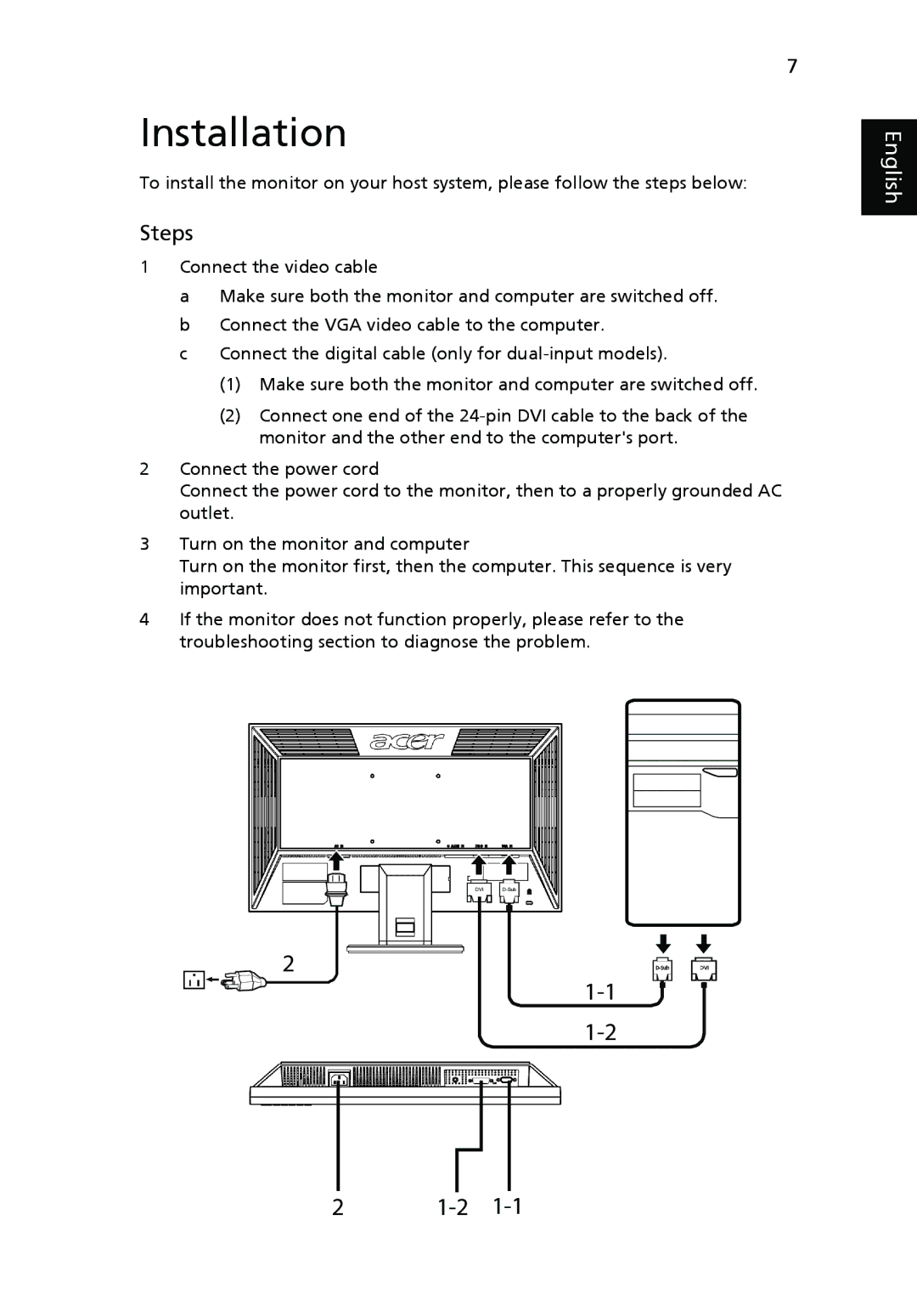 Acer V203H manual Installation, Steps 