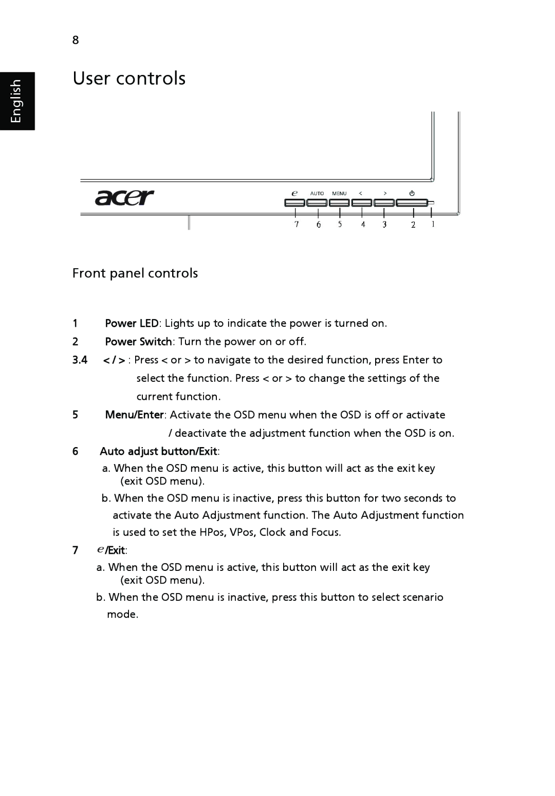 Acer V203H manual User controls, Front panel controls, Auto adjust button/Exit 