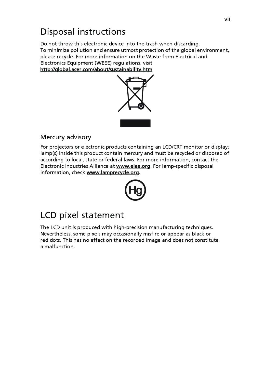 Acer V203H manual Disposal instructions, LCD pixel statement, Mercury advisory 