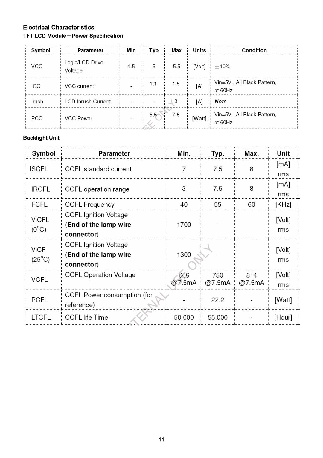 Acer V203W manual Electrical Characteristics, TFT LCD Module－Power Specification Backlight Unit 