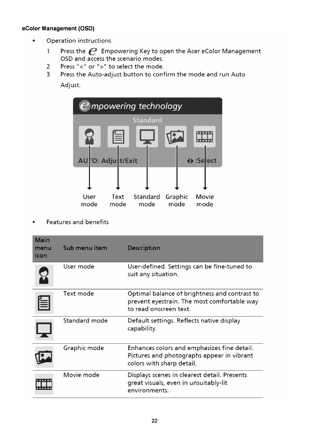 Acer V203W manual eColor Management OSD 