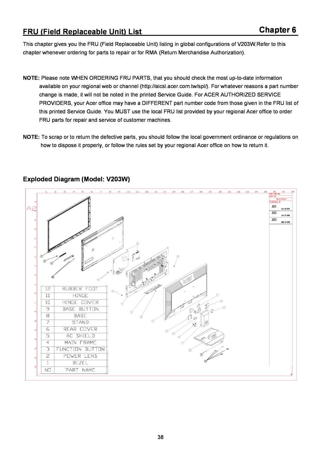 Acer manual Chapter, FRU Field Replaceable Unit List, Exploded Diagram Model V203W 