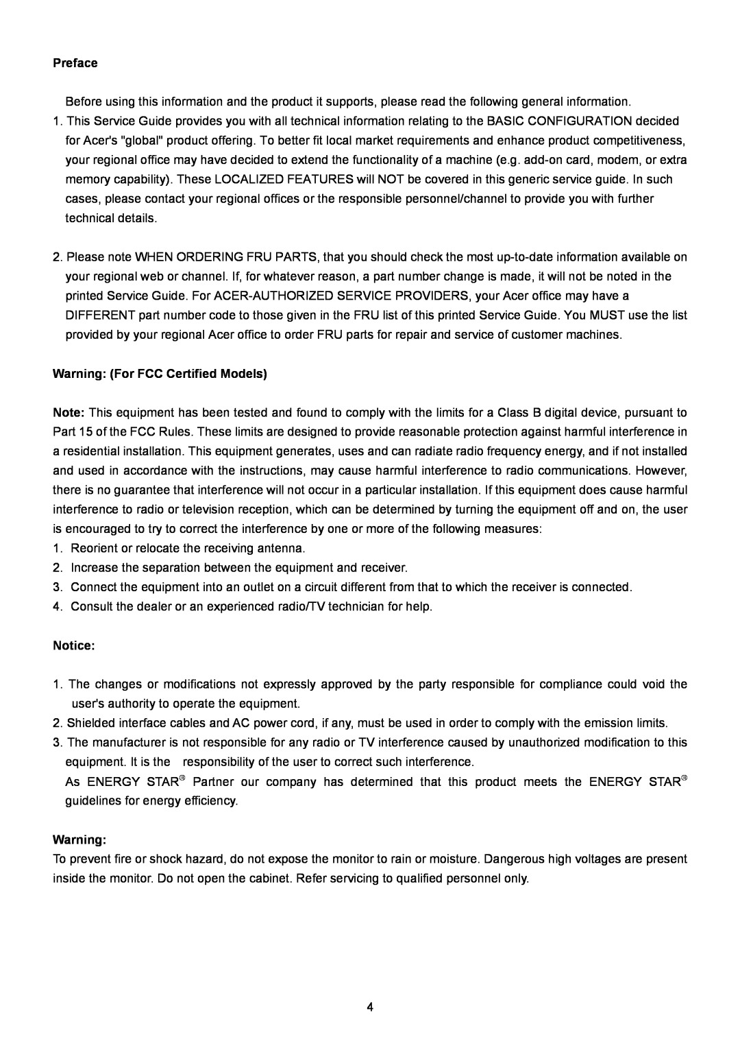 Acer V203W manual Preface, Warning For FCC Certified Models 