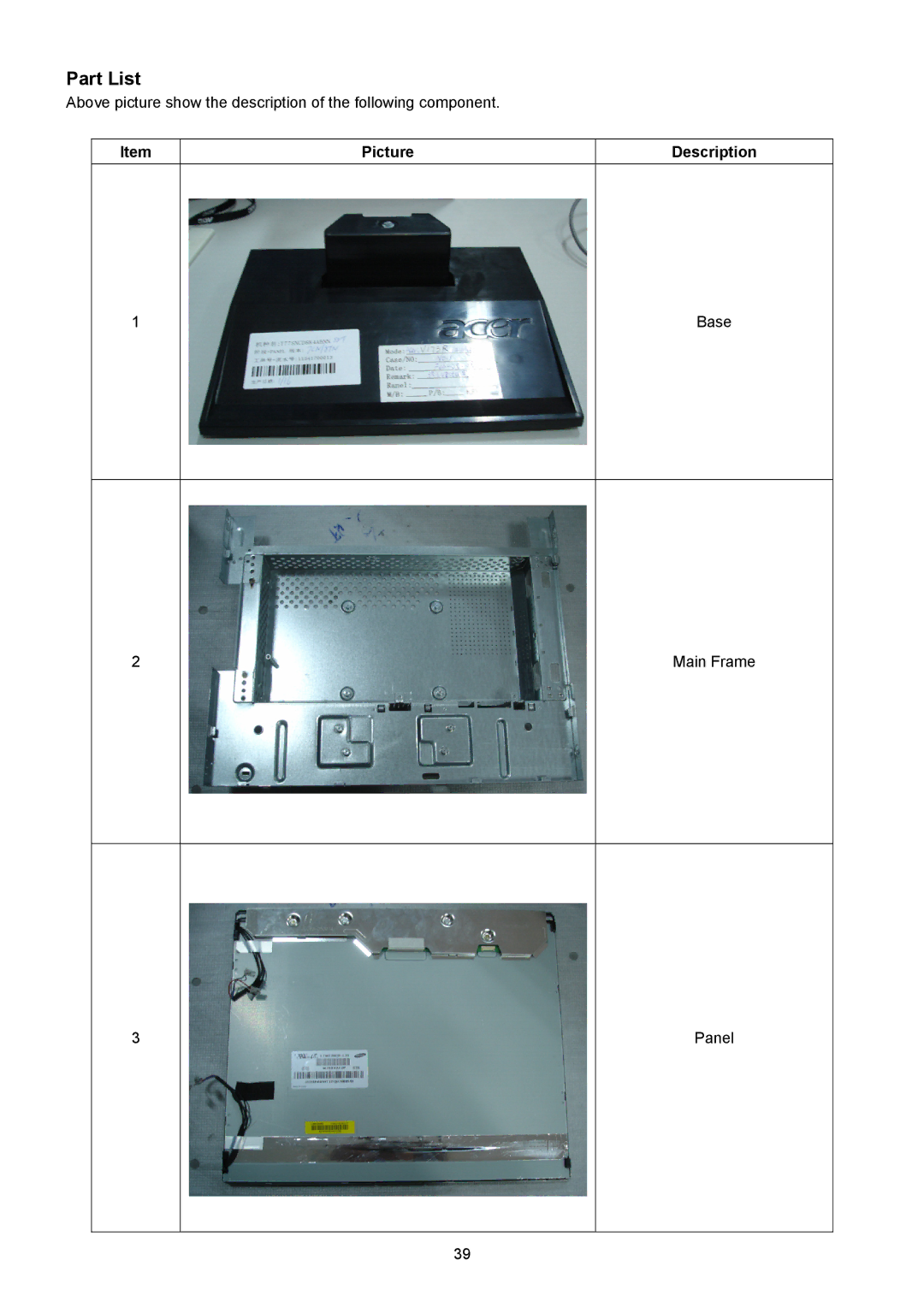 Acer V203W manual Part List, Picture Description 