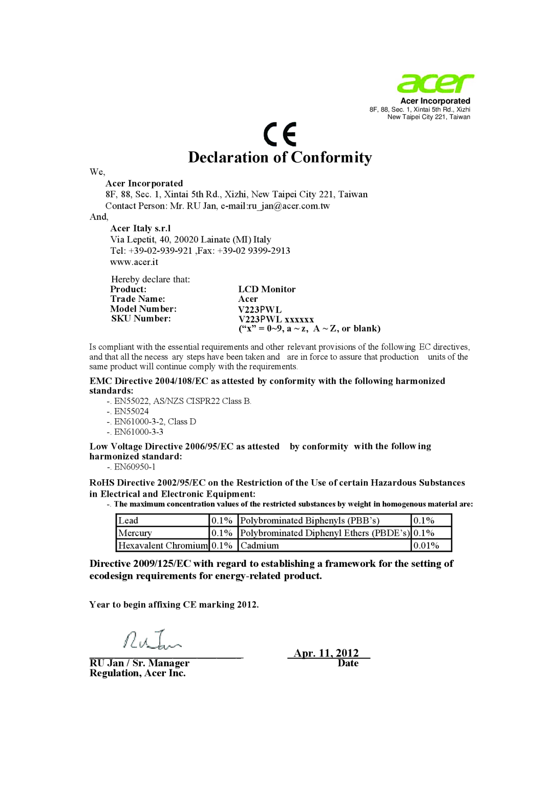 Acer V223PWL manual Declaration of Conformity 