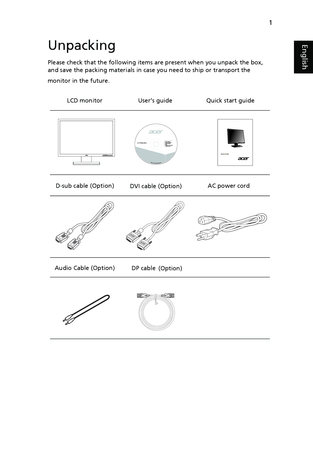 Acer V223PWL manual Unpacking 