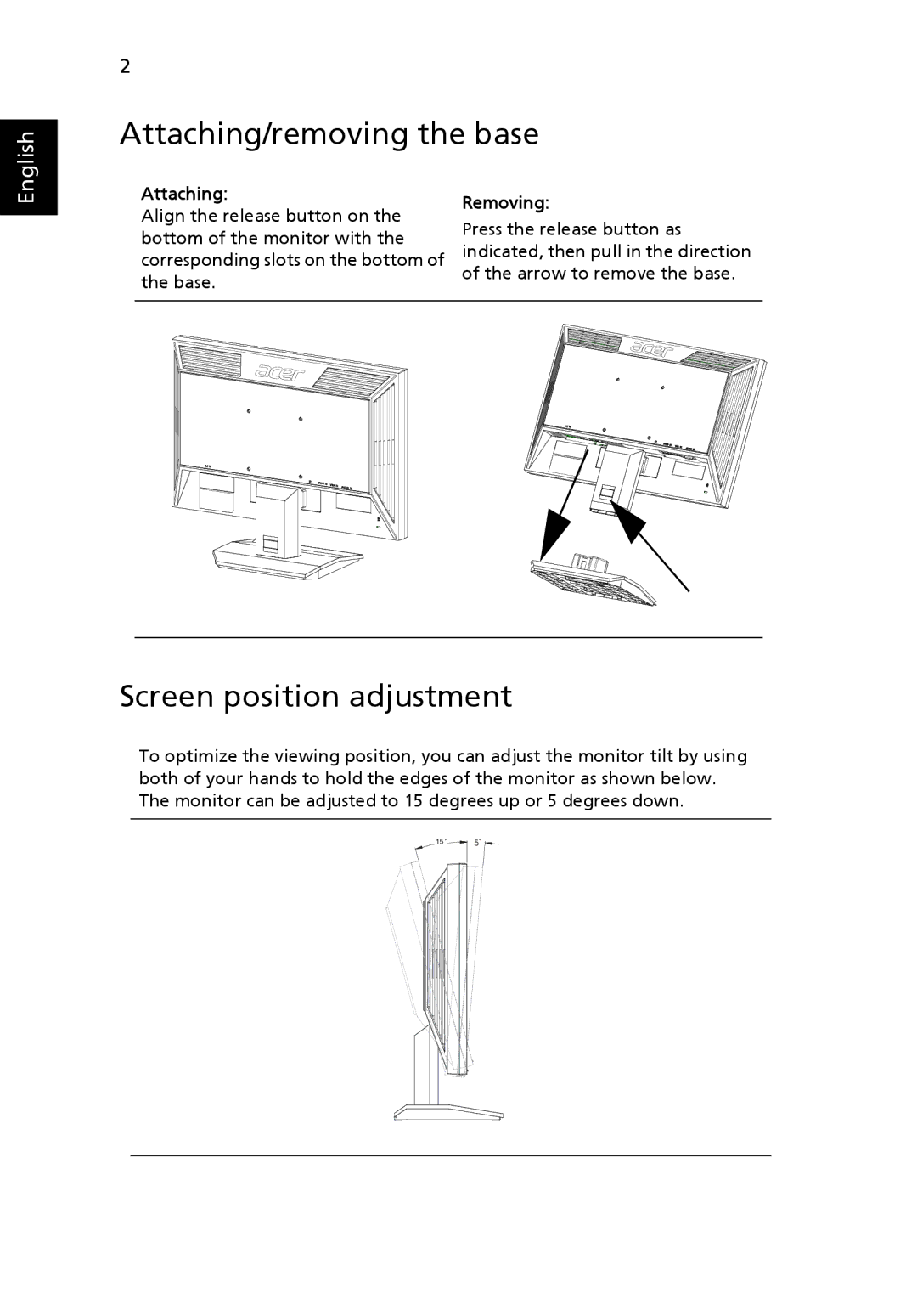 Acer V223PWL manual Attaching/removing the base, Screen position adjustment, Removing 