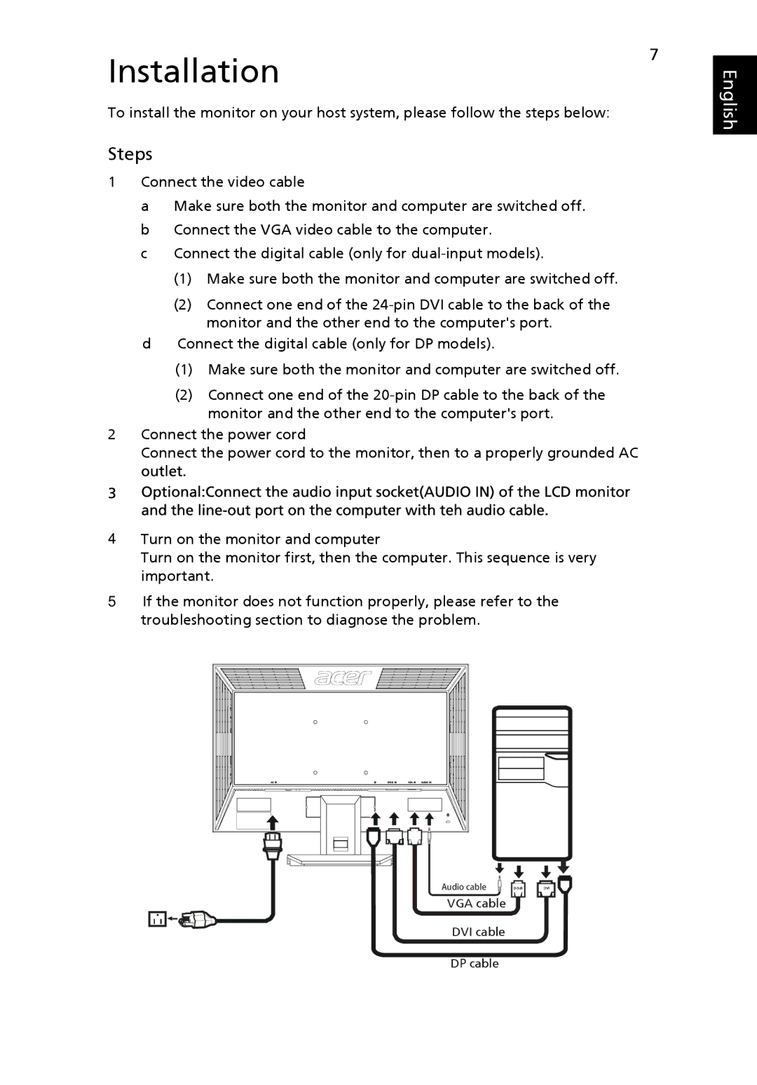 Acer V223PWL manual Installation7, Steps 