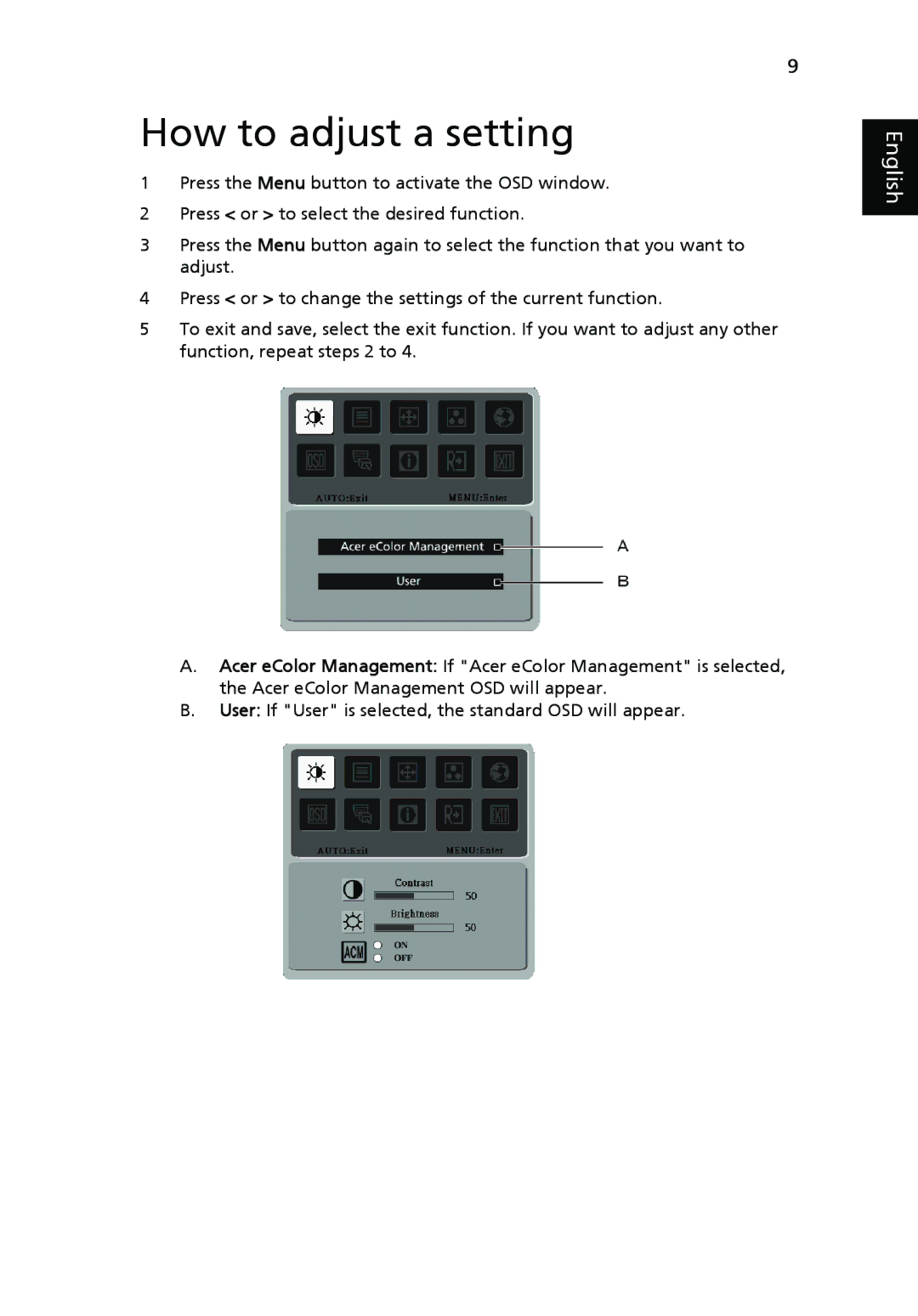 Acer V223PWL manual How to adjust a setting 