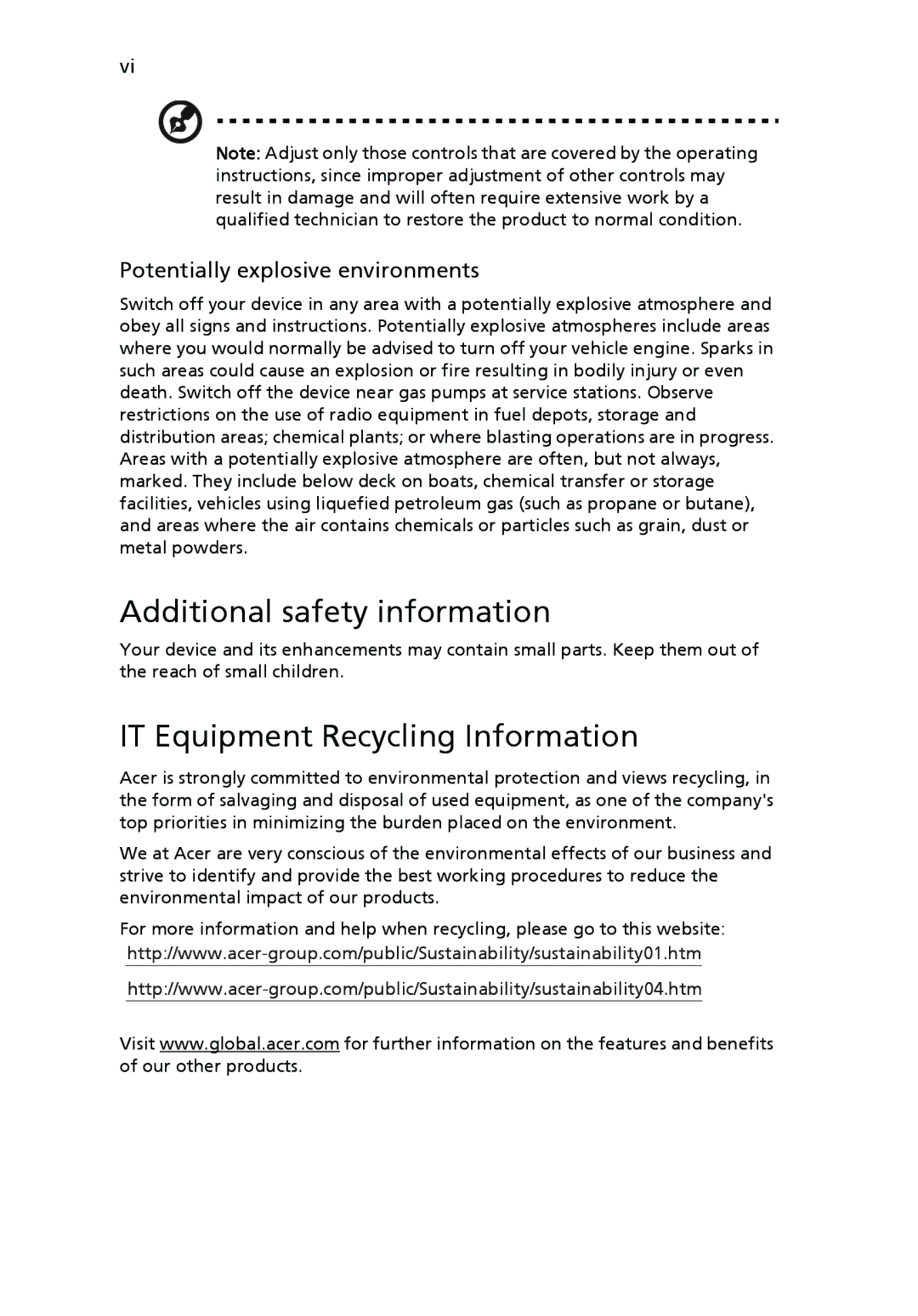 Acer V223PWL manual Additional safety information, IT Equipment Recycling Information, Potentially explosive environments 