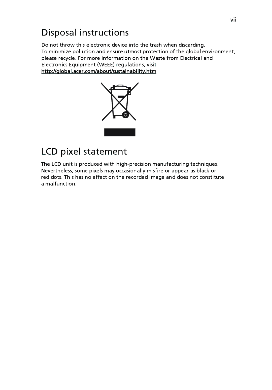 Acer V223PWL manual Disposal instructions, LCD pixel statement 