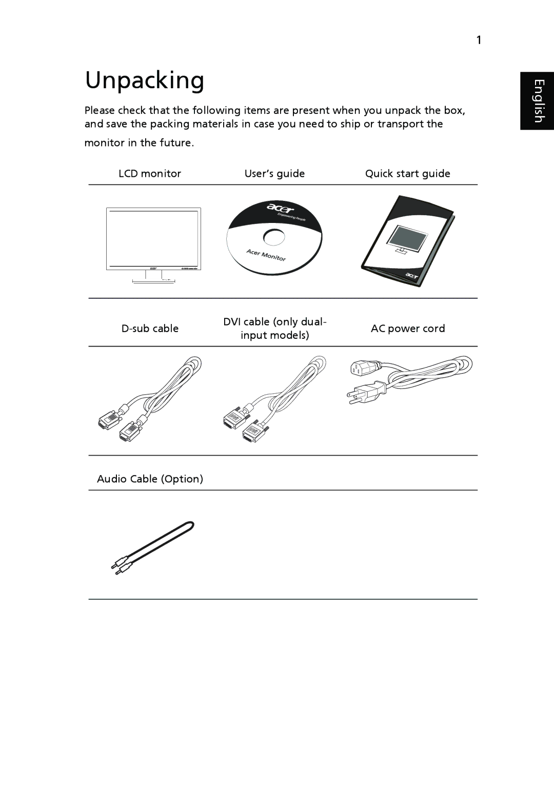 Acer V223W manual Unpacking 