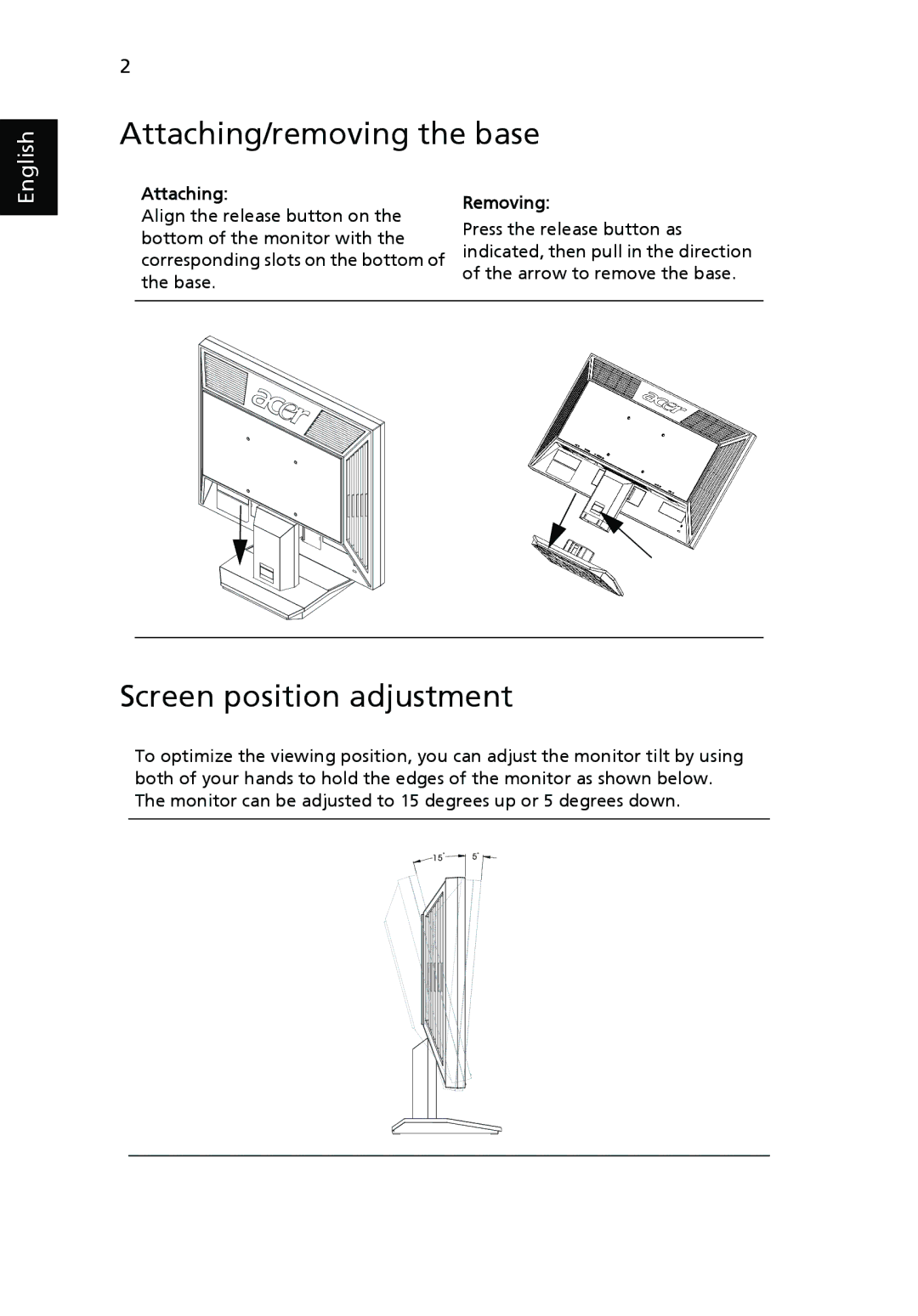 Acer V223W manual Attaching/removing the base, Screen position adjustment, Removing 