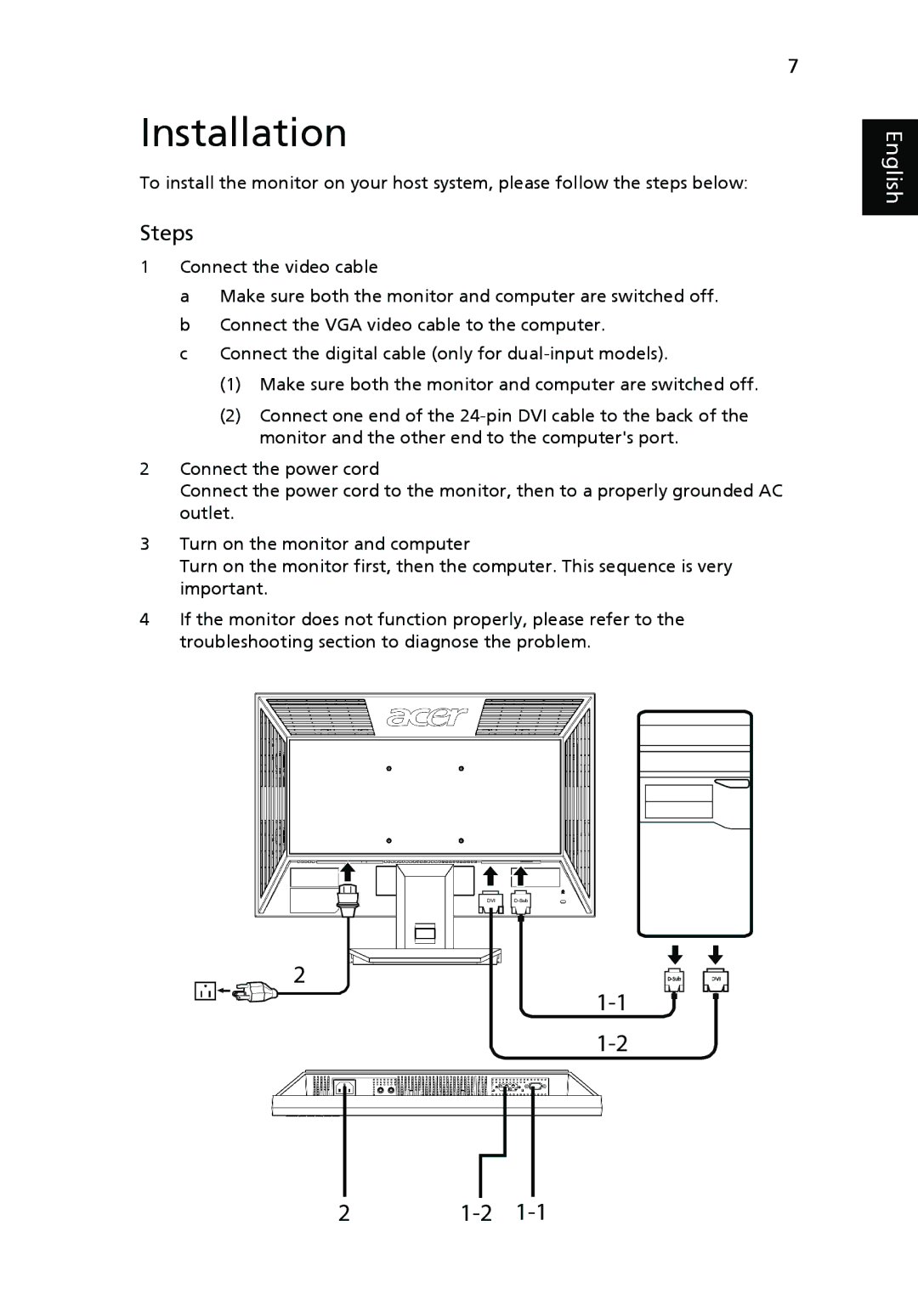 Acer V223W manual Installation, Steps 