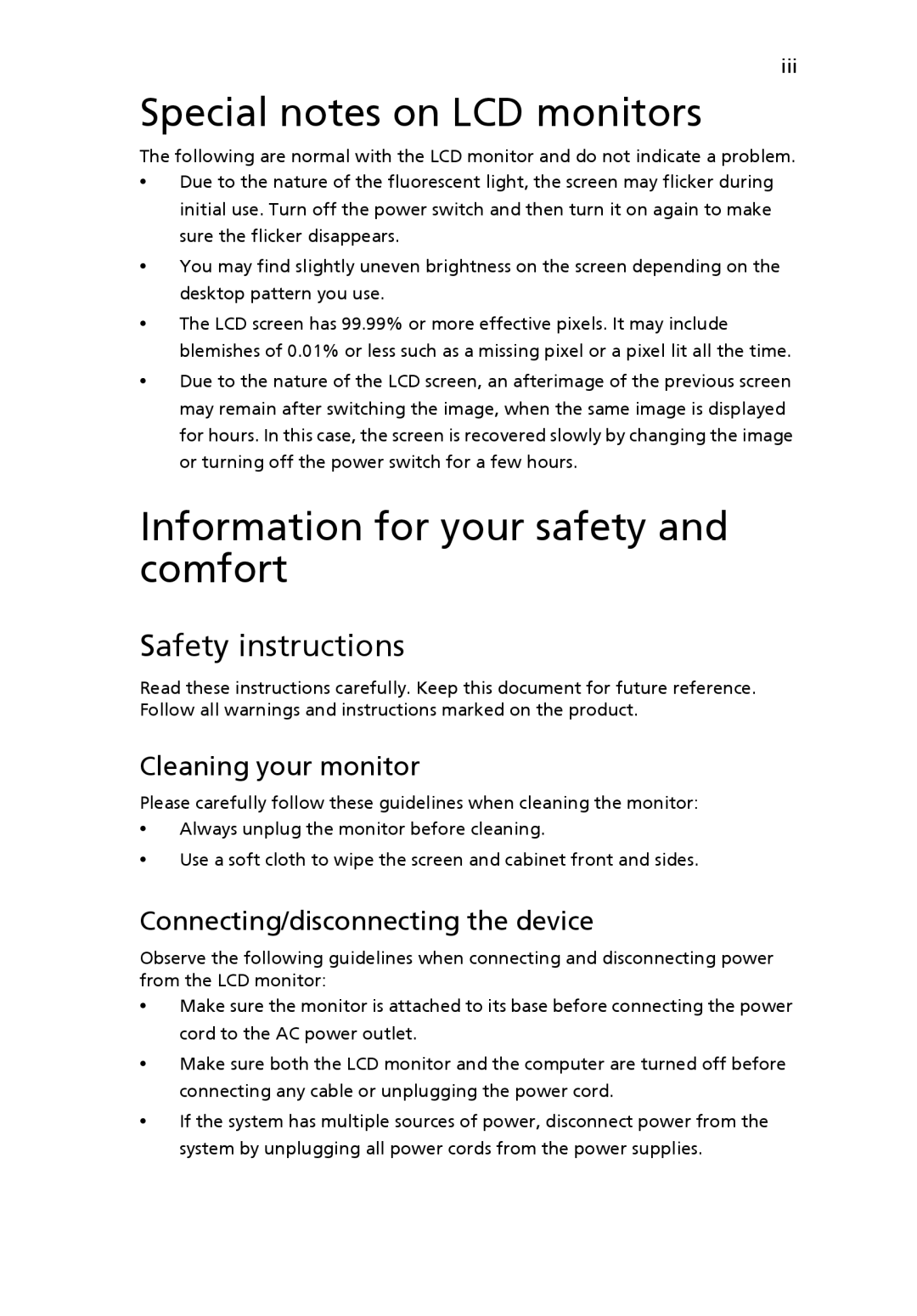 Acer V223W manual Special notes on LCD monitors, Information for your safety and comfort, Safety instructions 