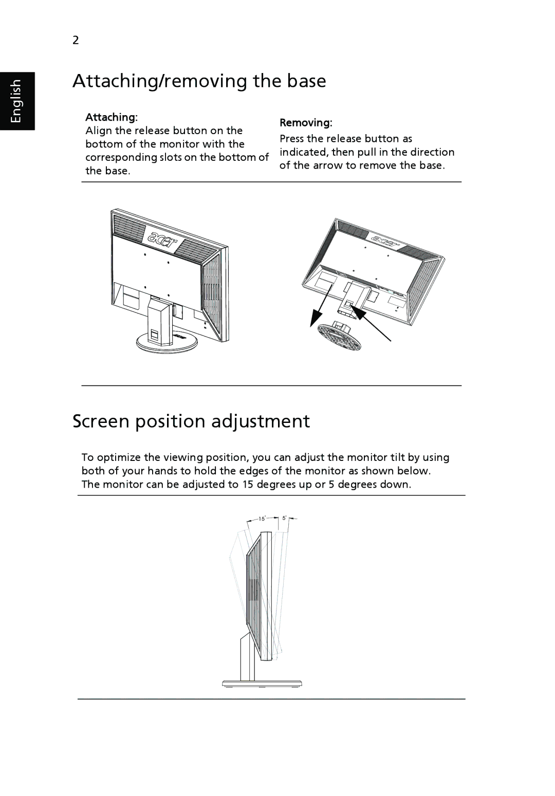 Acer V233H manual Attaching/removing the base, Screen position adjustment, Removing 