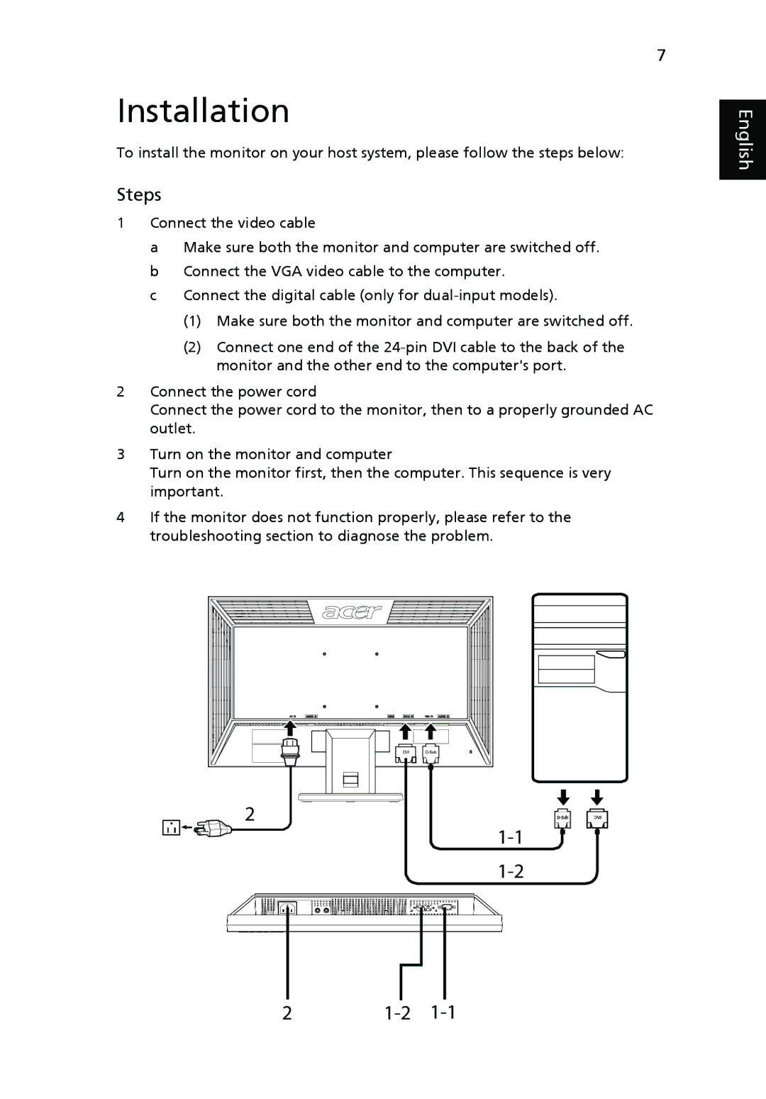 Acer V233H manual Installation, Steps 