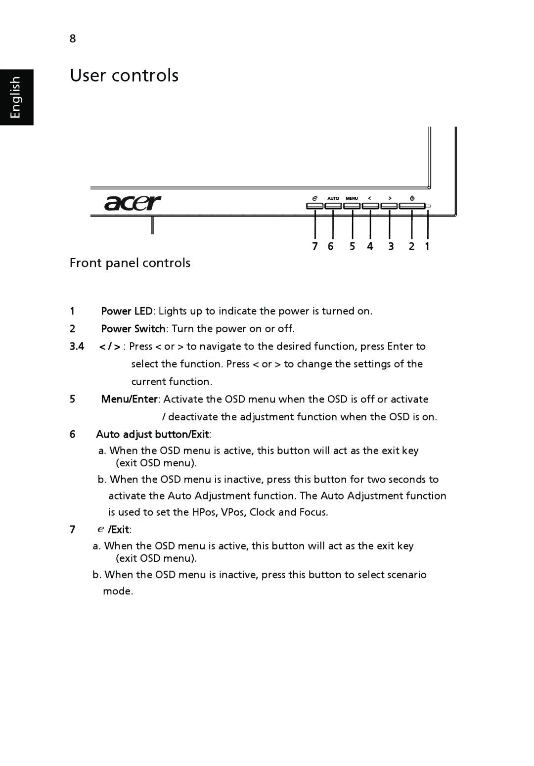 Acer V233H manual User controls, Front panel controls, 5 4 3 2, Auto adjust button/Exit 