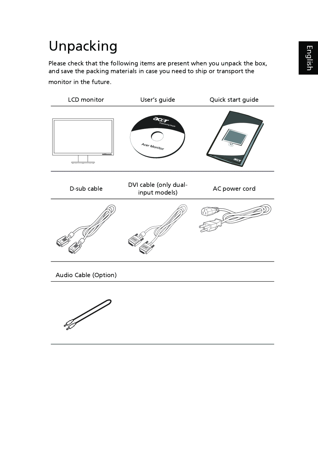 Acer V243H manual Unpacking 