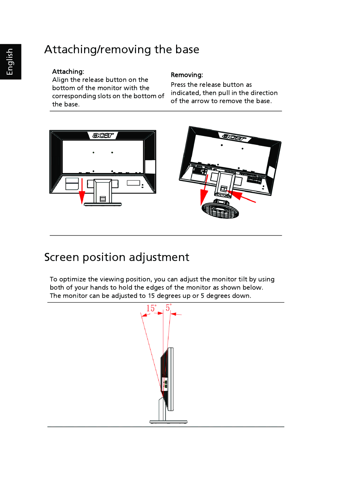 Acer V243H manual Attaching/removing the base, Screen position adjustment, Removing 