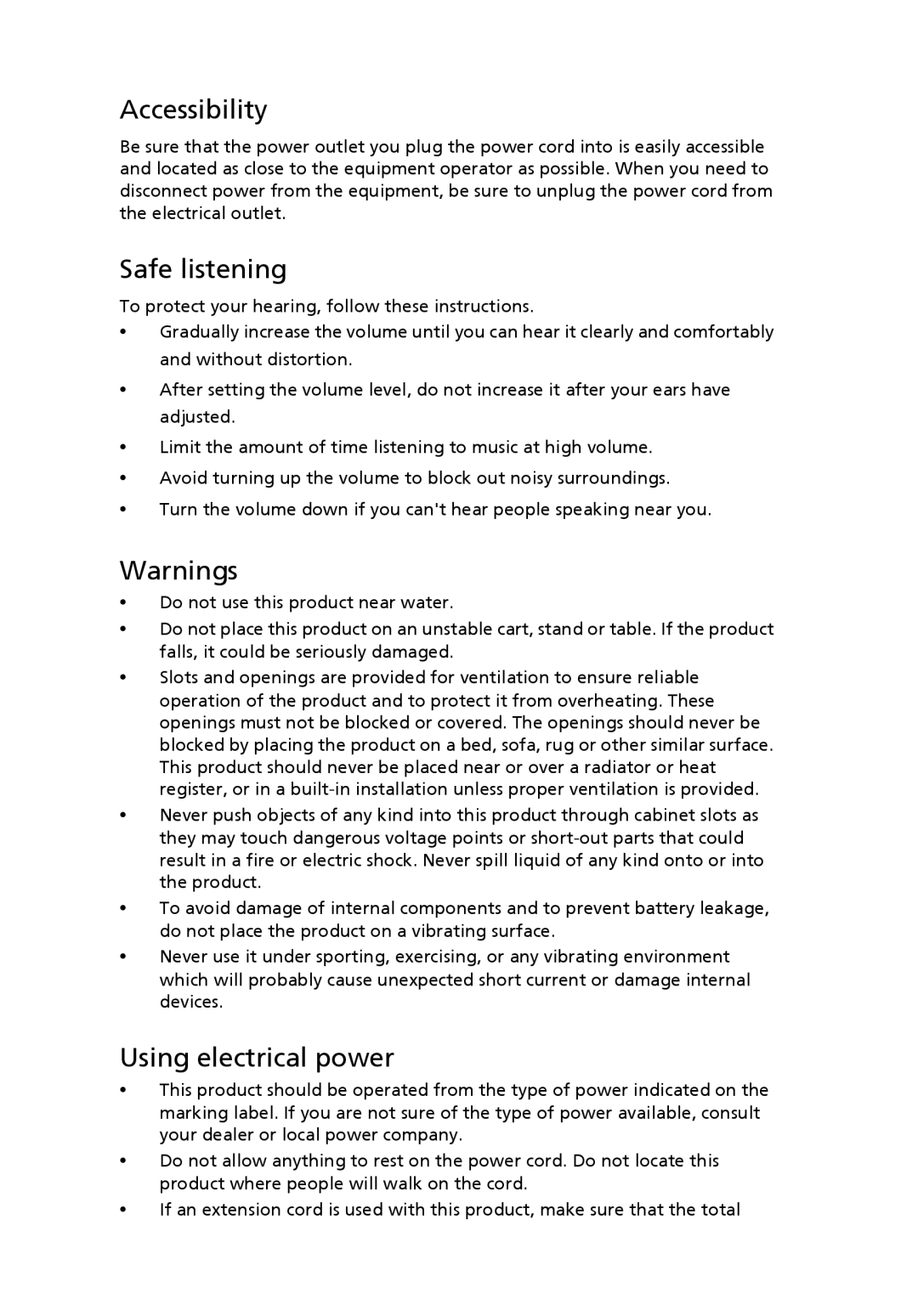 Acer V243H manual Accessibility, Safe listening, Using electrical power 