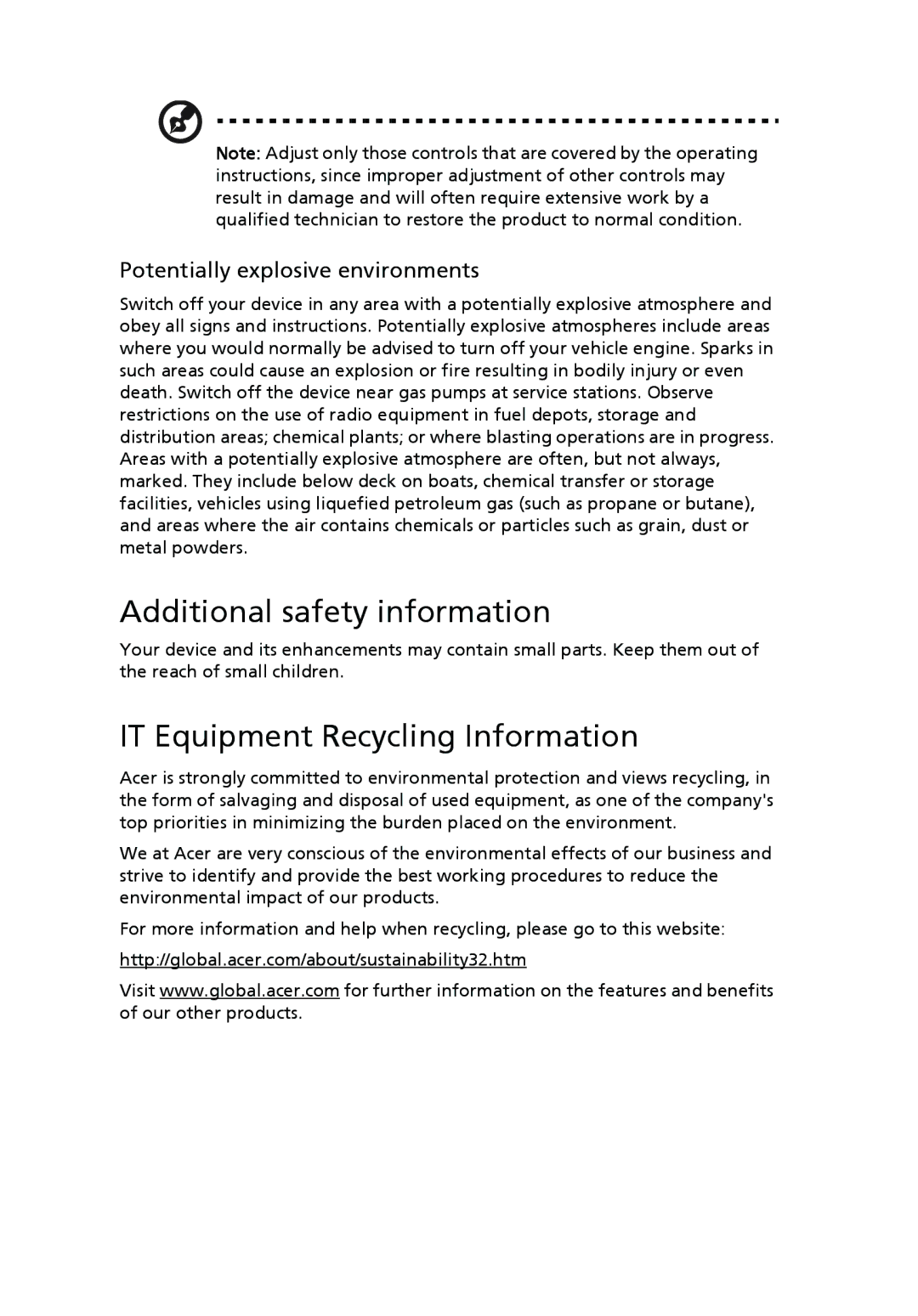 Acer V243H manual Additional safety information, IT Equipment Recycling Information, Potentially explosive environments 