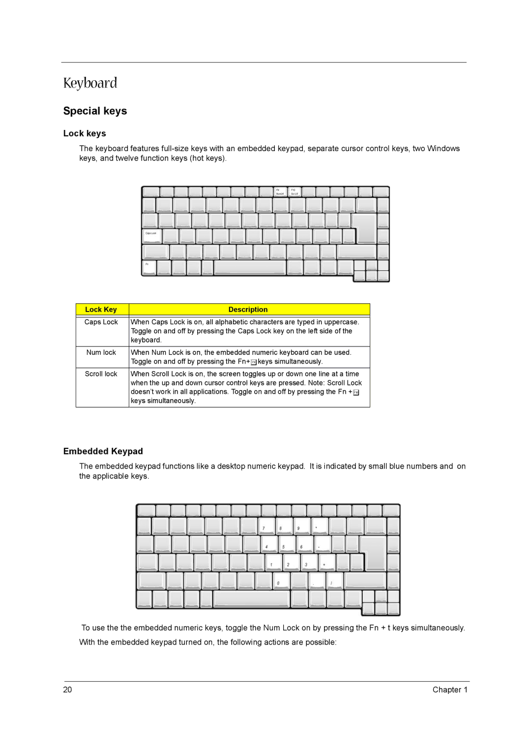 Acer VD.A0307.001 manual Keyboard, Lock Key Description 